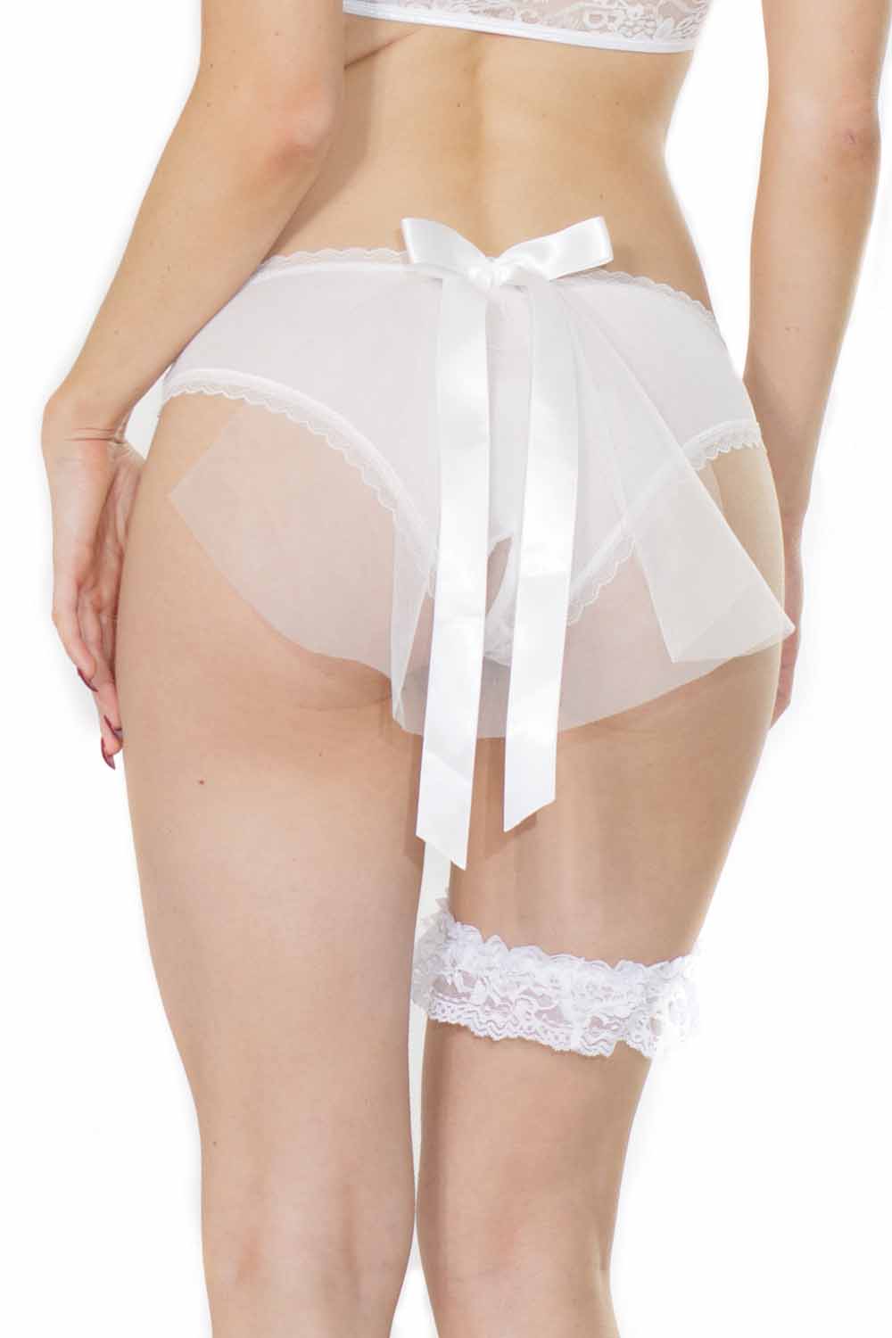 Nuotakos kelnaitės su tiuliu Coquette Bridal Mesh Crotchless Panty With Tulle Veil, baltos spalvos