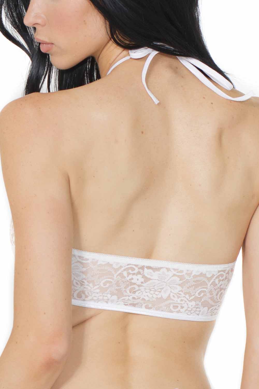 Glaustinukė su nėriniais Coquette Stretch Lace Halter Crop Top, baltos spalvos
