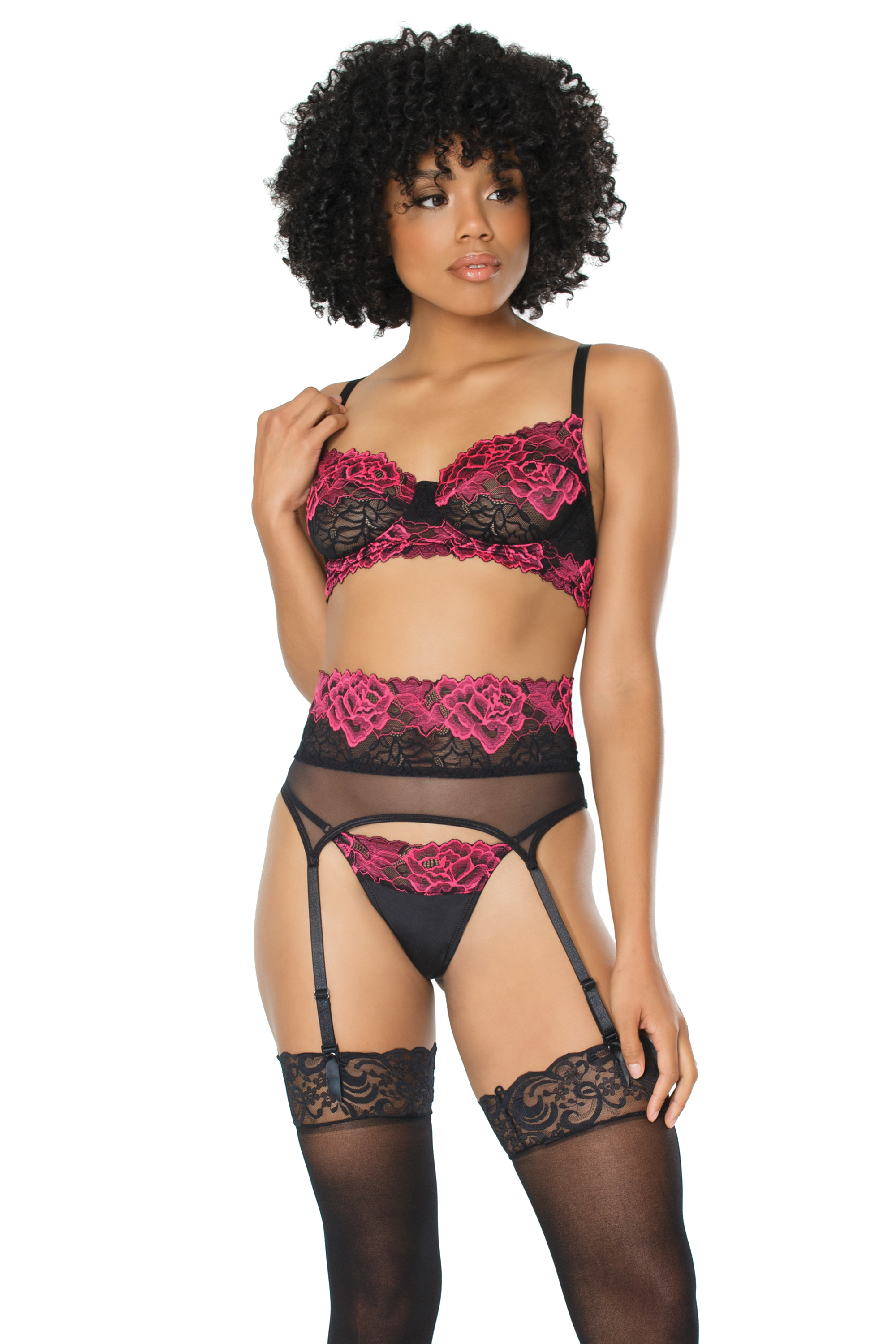 3 dalių apatinių komplektas su gėlėmis Coquette Bra, Garter Belt And G-String, juodos spalvos