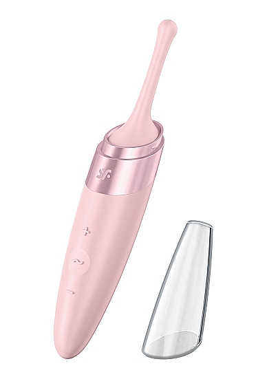 Klitorio stimuliatorius „Satisfyer Twirling Delight Tip“, rožinis 
Mėgaukitės protu nesuvokiamais orgazmais bet kada ir bet kur - net keliaudami! ,,Twirling Delight"  intensyviai vibruoja  ir stimuliuoja taškus - viskas sutalpinta į laikui nepavaldų, elegantišką dizainą. Dėl kieto galiuko juo galima stimuliuoti ne tik klitorį ar spenelius, bet ir visas kitas erogenines zonas! Tai ypač praktiškas sekso žaislas, nes jis turi  apsauginį dangtelį , kuris užtikrina higienišką stimuliatoriaus laikymą net keliaujant. 
Galingas stimuliatoriaus variklis palaiko 8 universalias vibracijos programas, kurių kiekvieną galima derinti su penkiais intensyvumo lygiais. Iš viso yra  40 vibracijos kombinacijų , todėl nė vienas noras neliks neįgyvendintas! Programas galima patogiai valdyti intuityviame valdymo skydelyje. Dėl siauro, tvirto galiuko ir paprasto naudojimo ,,Twirling Delight Tip" idealiai tinka pradedantiesiems sekso žaislų naudotojams. 
,,Twirling Delight Tip" stebina ergonomiška forma ir  tyliu veikimu . Pasiduokite savo fantazijoms ir mėgaukitės klitoriniu stimuliatoriumi be jokio pašalinio triukšmo. Stimuliatorius yra  atsparus vandeniui  (IPX7), todėl malonumais galėsite mėgautis net duše ar vonioje.  Stimuliatoriui pritrūkus energijos - galėsite patogiai įkrauti jo ličio jonų bateriją su rinkinyje pridedamu USB laidu. Ergonomiškas, kompaktiškas ir  diskretiškas  stimuliatorius nesunkiai tilps jūsų rankinėje ar krepšyje, todėl galėsite pasiimti jį kartu su savimi į keliones. 
Tinkamai prižiūrint šis stimuliatorius tarnaus jums ilgai. Prieš ir po kiekvieno naudojimo nuplaukite jį šiltu vandeniu ir švelniu muilu arba  specialiu žaislų valikliu . Leiskite išdžiūti natūraliai. Šį sekso žaislą laikykite stalčiuje, specialiame maišelyje arba kitoje vietoje, kurioje nėra dulkių. Laikykite jį atokiau nuo kitų sekso žaislų. Nepalikite tiesioginiuose saulės spinduliuose ir niekada nelaikykite jo dideliame karštyje. 
Rekomenduojama naudoti kartu su  vandens pagrindo lubrikantu . Nenaudokite silikoninių lubrikantų, aliejų ar kremų, nes jie gali sugadinti prietaiso medžiagą ir apriboti jo veikimą bei galiojimo laiką. 