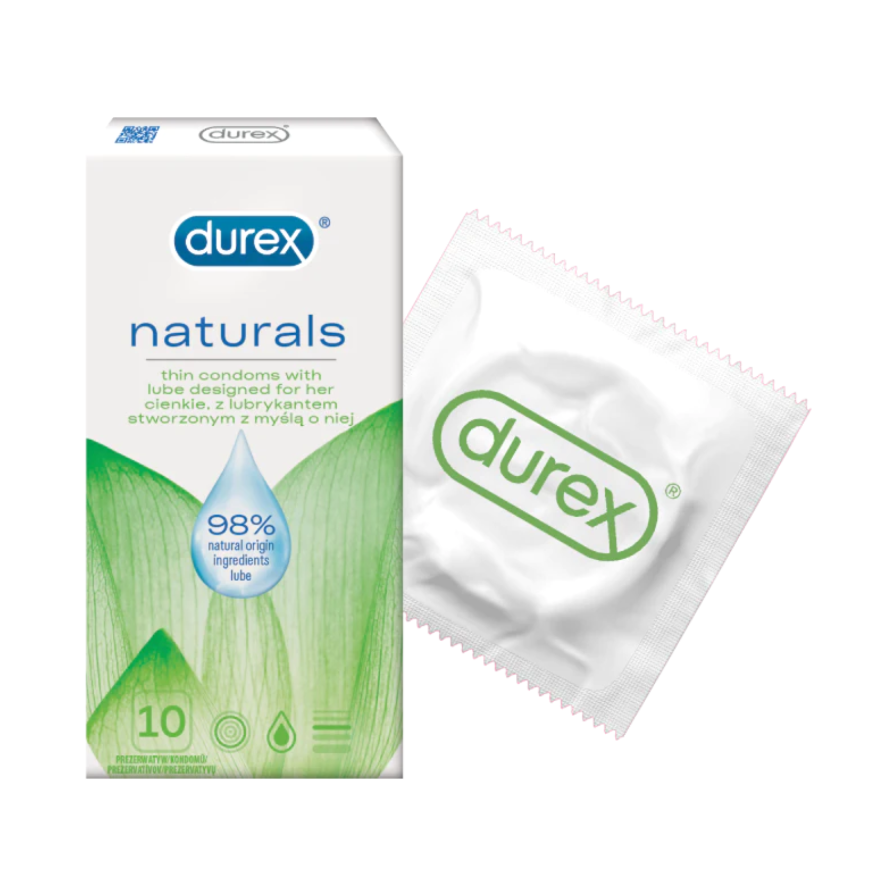 NATŪRALŪS PREZERVATYVAI "DUREX NATURALS" - 10 VNT.  
"Durex Naturals" -  išskirtiniai dermatologiškai patikrinti  prezervatyvai sukurti specialiai jautrią gleivinę turintiems malonumų mėgėjams. 
Šie prezervatyvai sukurti  iš natūralaus latekso  ir yra  padengti vandens pagrindo lubrikantu, sudarytu iš 98% natūralių ingredientų  be dirbtinių dažiklių ir kvapiklių. 
Taip pat jie yra  itin ploni, turi rezervuarą spermai  ir yra lengvai uždedami bei nuimami. 
Prieš užsidėdami prezervatyvą įsitikinkite, kad jūsų varpa neliečia partnerio lytinių organų srities – sperma iš varpos gali išeiti dar prieš pilną ejakuliaciją.   
*Atminkite, kad nė viena kontraceptinė priemonė nėra 100 % veiksminga nuo nėštumo, ŽIV ar lytiškai plintančių infekcijų.