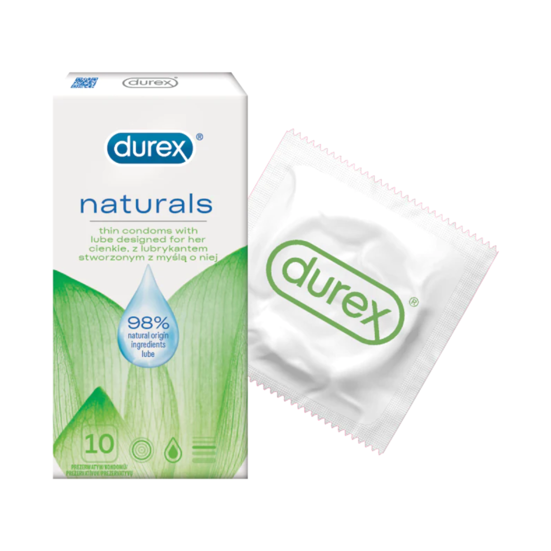 NATŪRALŪS PREZERVATYVAI "DUREX NATURALS" - 10 VNT.  
"Durex Naturals" -  išskirtiniai dermatologiškai patikrinti  prezervatyvai sukurti specialiai jautrią gleivinę turintiems malonumų mėgėjams. 
Šie prezervatyvai sukurti  iš natūralaus latekso  ir yra  padengti vandens pagrindo lubrikantu, sudarytu iš 98% natūralių ingredientų  be dirbtinių dažiklių ir kvapiklių. 
Taip pat jie yra  itin ploni, turi rezervuarą spermai  ir yra lengvai uždedami bei nuimami. 
Prieš užsidėdami prezervatyvą įsitikinkite, kad jūsų varpa neliečia partnerio lytinių organų srities – sperma iš varpos gali išeiti dar prieš pilną ejakuliaciją.   
*Atminkite, kad nė viena kontraceptinė priemonė nėra 100 % veiksminga nuo nėštumo, ŽIV ar lytiškai plintančių infekcijų.