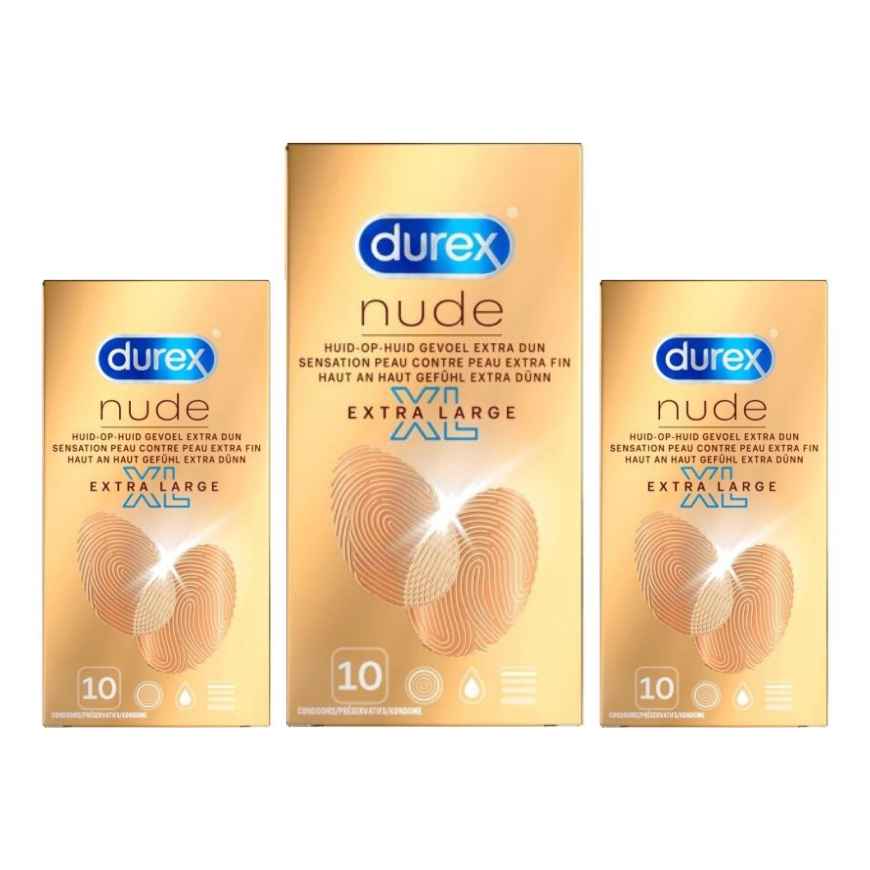 NATŪRALAUS POJŪČIO XL DYDŽIO PREZERVATYVAI "DUREX NUDE XL" - 10 VNT.  
"Durex Nude" -  natūralesnį, odą primenantį pojūtį primenantys  prezervatyvai leidžia mėgautis tikresniu ir jautresniu seksu. 
Šie skaidrūs prezervatyvai yra  itin ploni bei sutepti silikono pagrindo lubrikantu.  
Taip pat jie  turi rezervuarą spermai ir yra lengvai uždedami bei nuimami.  
Tai  didesnio dydžio preservatyvai  - jų plotis yra 57 mm. 
Prieš užsidėdami prezervatyvą įsitikinkite, kad jūsų varpa neliečia partnerio lytinių organų srities – sperma iš varpos gali išeiti dar prieš pilną ejakuliaciją.   
*Atminkite, kad nė viena kontraceptinė priemonė nėra 100 % veiksminga nuo nėštumo, ŽIV ar lytiškai plintančių infekcijų.