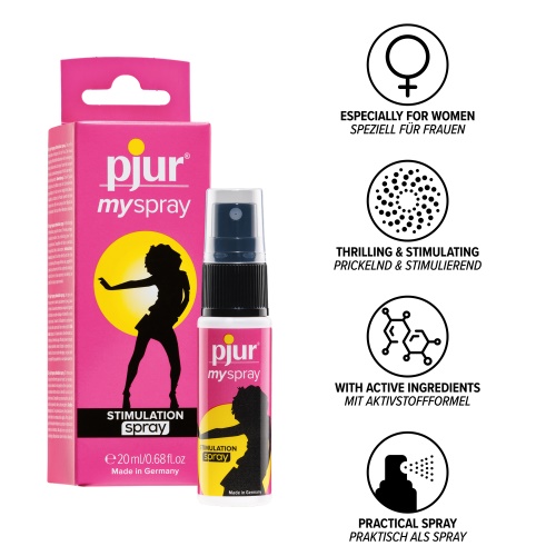 SEKSUALINĘ PATIRTĮ GERINANTIS PURŠKIKLIS “PJUR STIMULATION SPRAY” - 20 ML  
“Pjur Stimulation Spray” - intymus purškiklis sukurtas moterims, kurios ieško  naujo ir jaudinančio būdo suintensyvinti malonumą  sekso metu. 
Šio pagal  specialią formulę sukurto  purškiklio veikliosios sudedamosios dalys  didina kraujo apytaką ir gali sustiprinti pojūčius  meilės žaidimų metu.  
Taip pat jo ingredientų derinys gali sukelti stimuliuojantį, jaudinantį ir erotinį poveikį -  tarsi ant Jūsų odos būtų dilgčiojantys šampano perlai .