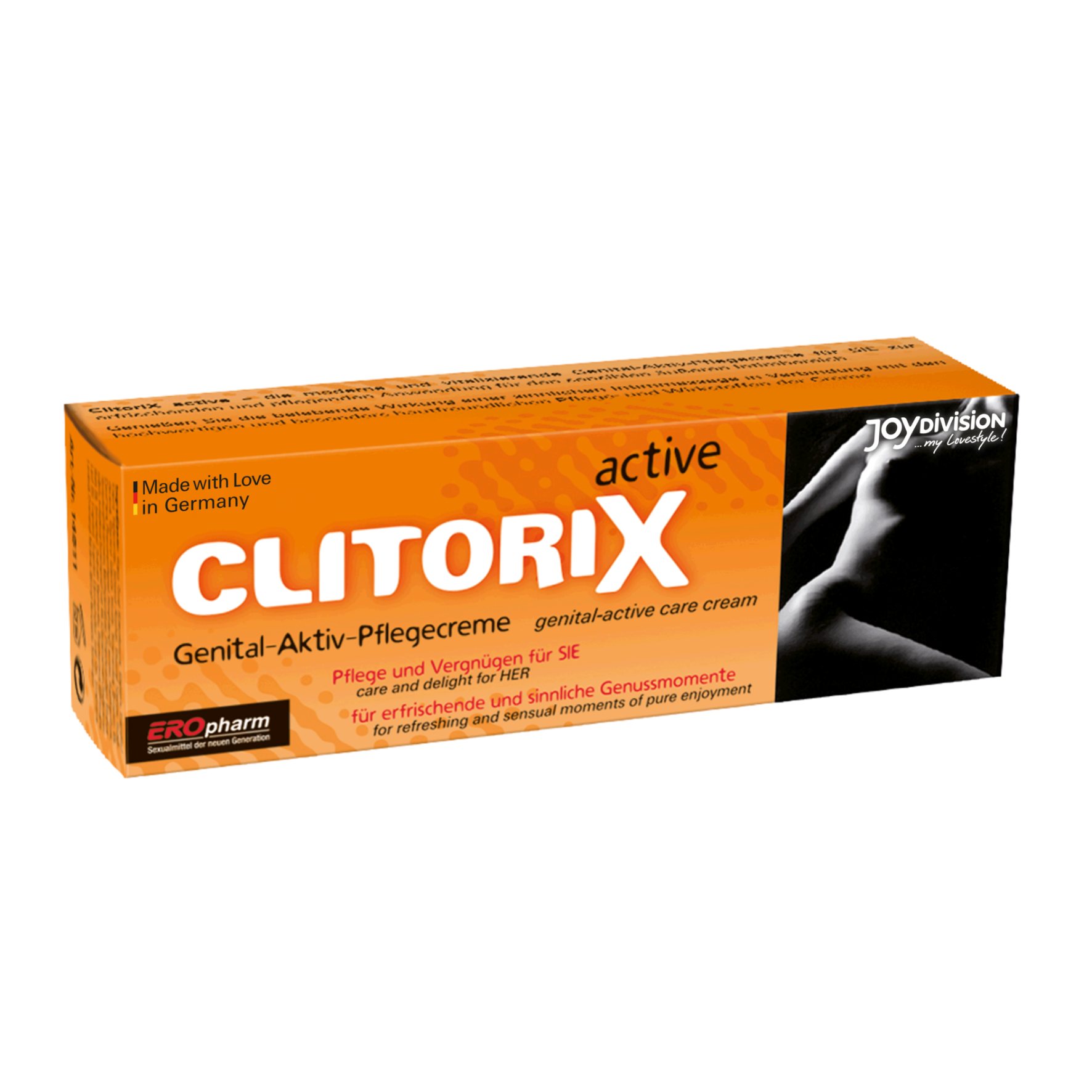 SEKSUALINĘ ENERGIJĄ SKATINANTIS KREMAS "JOYDIVISION CLITORIX ACTIVE" - 40 ML  
"ClitoriX active" -  unikalus  lytinių organų priežiūros kremas. 
Kremas išsiskiria savo savybėmis - jis  suteikia gyvybingumo ir seksualinio aktyvumo  bei  atgaivina ir tonizuoja  išorinę intymią sritį. 
Šis produktas taip pat  pasižymi itin turtinga sudėtimi , į kurią įeina rozmarinai, kadagių, gvazdikėlių, cinamono ir simondsijų aliejai. 
Dermatologiškai patikrintas .