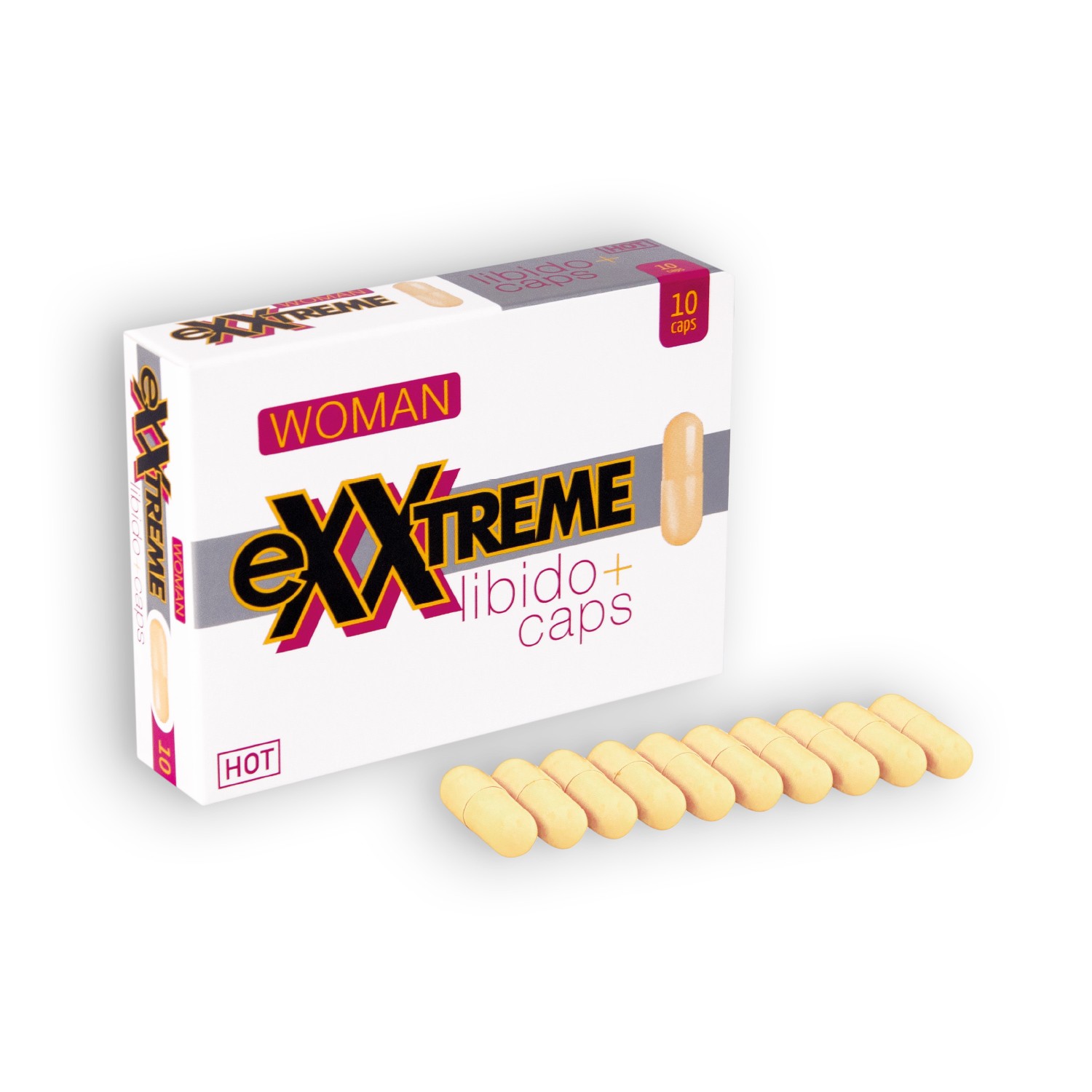 MAISTO PAPILDAS SEKSUALINEI ENERGIJAI “HOT EXXTREME WOMEN LIBIDO CAPS” - 10 VNT.  
“HOT Exxtreme Women Libido Caps” - tai afrodiziakas,  galintis padėti Jums paskatinant lytinį potraukį ir padidinant libido . 
Šio afrodiziako savybės: 
Pagrindinė jo veiklioji medžiaga yra  kilusi iš kardamono šaknų , kurias vietiniai Pietų Amerikos gyventojai šimtmečius naudojo kaip libido stiprinančią priemonę; 
Sudėtyje  turi folio rūgšties , stimuliuojančios kraujotaką, kad patirtumėte galingus orgazmus; 
Kapsulėse  yra guaranos miltelių , kurie gaivina, stimuliuoja, paaštrina suvokimą ir padidina ištvermę; 
Kapsulėse  yra muira puama ekstrakto , kuris žinomas dėl savo stiprinančio ir libido didinančio poveikio; 
Sudėtis  papildyta B3 vitaminu . 
Rekomenduojamas naudojimas:  
Gerti po vieną kapsulę vieną kartą per dieną, likus dviem valandoms iki norimo poveikio, užsigeriant pakankamu kiekiu skysčio.  
Maisto papildas neturėtų būti vartojamas kaip maisto pakaitalas. Neviršyti nustatytos rekomenduojamos dozės. Laikyti tamsioje, vėsioje, vaikams nepasiekiamoje vietoje.  
 