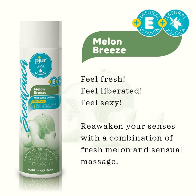 MELIONŲ AROMATO MASAŽO LOSJONAS "PJUR SPA MELON BREEZE" - 200 ML  
"Pjur Spa Scentouch” -  novatoriškas veganiškas  produktas sukurtas maloniems masažams. 
Šis masažui skirtas gaivaus aromato produktas  išsiskiria tiek savo tekstūra, tiek sudėtimi . Jis pagamintas be aliejaus, riebalų, konservantų, silikono ir vandens, tad priešingai nei kiti masažo aliejai, šis produktas yra losjono tekstūros ir  nepalieka riebios plėvelės ant Jūsų odos  bei neužkemša porų. 
Taip pat skaidrus masažo losjonas "Pjur Spa Scentouch” yra  praturtintas E vitaminu ir simondsijų ekstraktu , kuris lepina ir puoselėja Jūsų odą.  
Dėka išskirtinių šio produkto savybių,  galėsite netrukdomi mėgautis  masažų teikiamais malonumais! 
Šis produktas nėra suderinamas su latekso prezervatyvais.