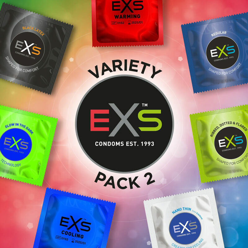 PREZERVATYVŲ RINKINYS "EXS VARIETY PACK 2" - 42 VNT.  
"EXS Sensation Pack" - tai  rinkinys sudarytas iš 7 skirtingų rūšių prezervatyvų: 
"EXS Regular"  - ploni,  universalūs , patogūs ir latekso kvapo neturintys prezervatyvai, tinkantys daugumai vyrų - 54 mm pločio; 
"EXS Nano Thin"  -  ypatingai ploni , bet stiprūs prezervatyvai, sutepti silikono pagrindo lubrikantu ir neturintys latekso kvapo - 53 mm pločio; 
"EXS Black Latex"  - šilkinio švelnumo prezervatyvai lygiomis sienelėmis, neturintys latekso kvapo ir  pagaminti iš juodo latekso  - 54 mm pločio; 
"EXS Ribbed, Dotted & Flared"  -  iškilimais ir taškeliais padengti  ploni prezervatyvai, neturintys latekso kvapo - 56 mm pločio; 
"EXS Glow In The Dark"  - silikono pagrindo lubrikantu sutepti prezervatyvai, neturintys latekso kvapo ir  šviečiantys tamsoje  - 54 mm pločio ;  
"EXS Warming"  - itin ploni, patogiai priglundantys prezervatyvai,  turintys šildymo efektą  -  54 mm pločio; 
"EXS Cooling"  - itin ploni, patogiai priglundantys prezervatyvai,  turintys šaldymo efektą  -  54 mm pločio. 
"EXS" prezervatyvai yra  griežtai išbandyti  pagal Europos ir Britų standartų instituto (BSI) standartus. 
Prieš užsidėdami prezervatyvą įsitikinkite, kad jūsų varpa neliečia partnerio lytinių organų srities – sperma iš varpos gali išeiti dar prieš pilną ejakuliaciją.   
*Atminkite, kad nė viena kontraceptinė priemonė nėra 100 % veiksminga nuo nėštumo, ŽIV ar lytiškai plintančių infekcijų.  
