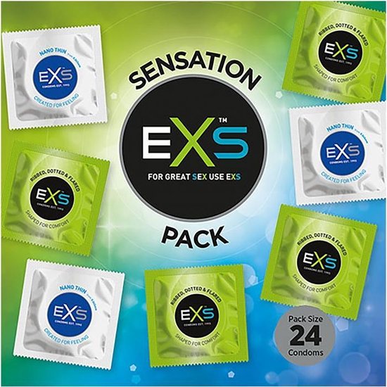 PREZERVATYVŲ RINKINYS "EXS SENSATION PACK" - 24 VNT.  
"EXS Sensation Pack" - tai  rinkinys sudarytas iš dviejų skirtingų rūšių prezervatyvų: 
"EXS Nano Thin"   (12 vnt.) - ypatingai ploni, bet stiprūs prezervatyvai, sutepti silikono pagrindo lubrikantu ir neturintys latekso kvapo -  53 mm pločio ; 
"EXS Ribbed, Dotted & Flared"     (12 vnt.) - iškilimais ir taškeliais padengti ploni prezervatyvai, neturintys latekso kvapo -  56 mm pločio .  
"EXS" prezervatyvai yra  griežtai išbandyti  pagal Europos ir Britų standartų instituto (BSI) standartus. 
Prieš užsidėdami prezervatyvą įsitikinkite, kad jūsų varpa neliečia partnerio lytinių organų srities – sperma iš varpos gali išeiti dar prieš pilną ejakuliaciją.   
*Atminkite, kad nė viena kontraceptinė priemonė nėra 100 % veiksminga nuo nėštumo, ŽIV ar lytiškai plintančių infekcijų.  