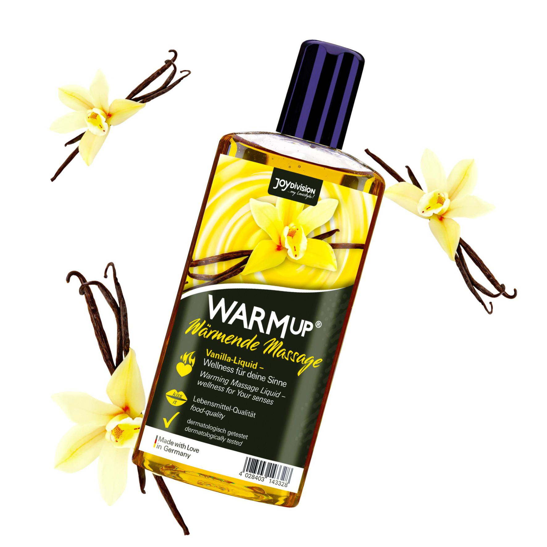 VANILĖS AROMATO MASAŽO ALIEJUS "JOYDIVISION WARMUP VANILLA" - 150 ML 
Dermatologiškai patikrintas  “Joydivision WARMup” masažo aliejus yra sukurtas iš  itin aukštos maistinės kokybės ingredientų  - savo sudėtyje jis neturi cukraus bei aliejaus.  
Šis  veganiškas  masažo aliejus  išsiskiria šildomuoju poveikiu ir gamtą primenančiais aromatais bei skoniais . Dėka šių savybių, kiekvienas Jūsų masažas taps nepamirštamu ir ypatingu.  
Vokietijoje pagamintas produktas tirpsta vandenyje ir yra  nebandytas su gyvūnais .
