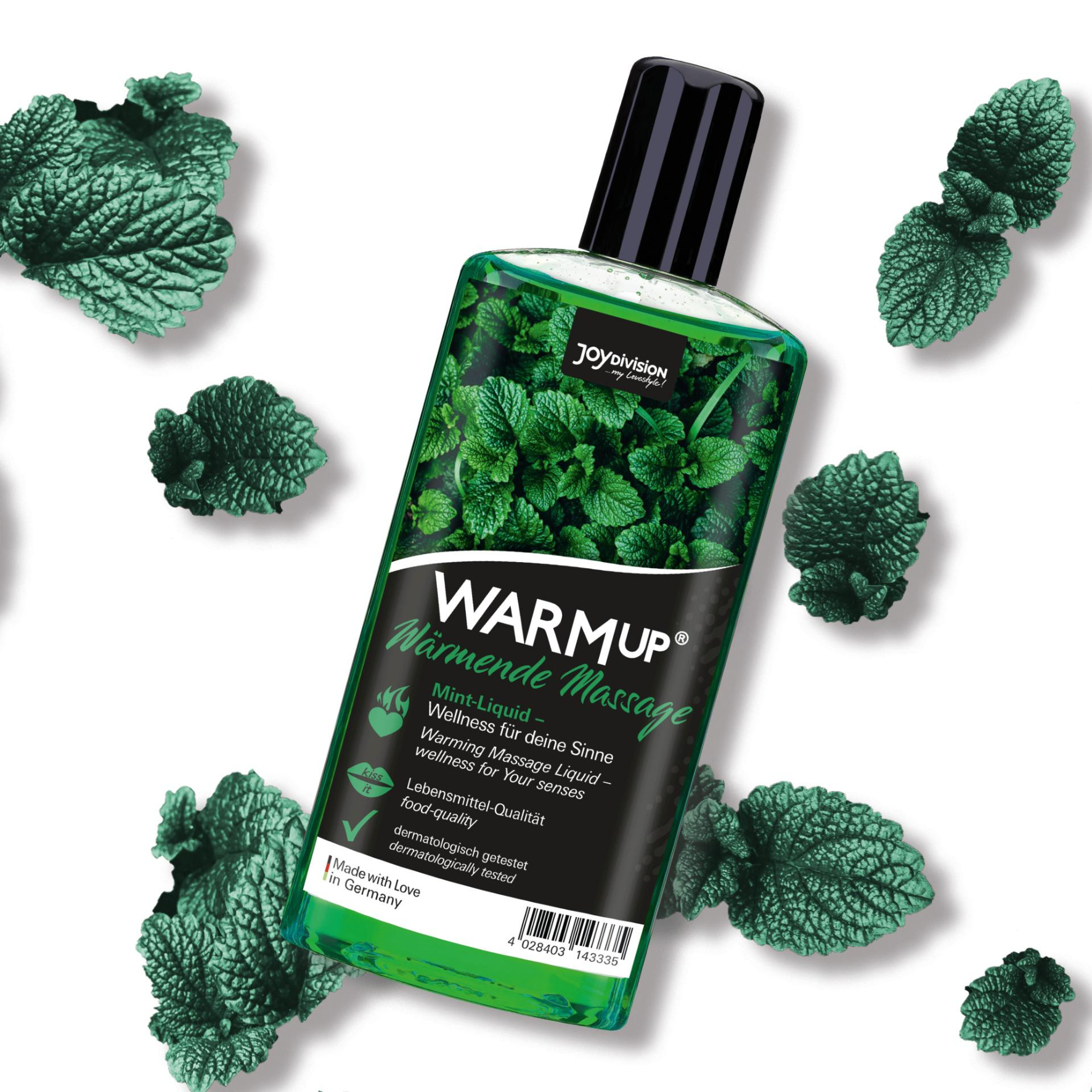 MĖTŲ AROMATO MASAŽO ALIEJUS "JOYDIVISION WARMUP MINT" - 150 ML  
Dermatologiškai patikrintas  “Joydivision WARMup” masažo aliejus yra sukurtas iš  itin aukštos maistinės kokybės ingredientų  - savo sudėtyje jis neturi cukraus bei aliejaus.  
Šis  veganiškas  masažo aliejus  išsiskiria šildomuoju poveikiu ir gamtą primenančiais aromatais bei skoniais . Dėka šių savybių, kiekvienas Jūsų masažas taps nepamirštamu ir ypatingu.  
Vokietijoje pagamintas produktas tirpsta vandenyje ir yra  nebandytas su gyvūnais .