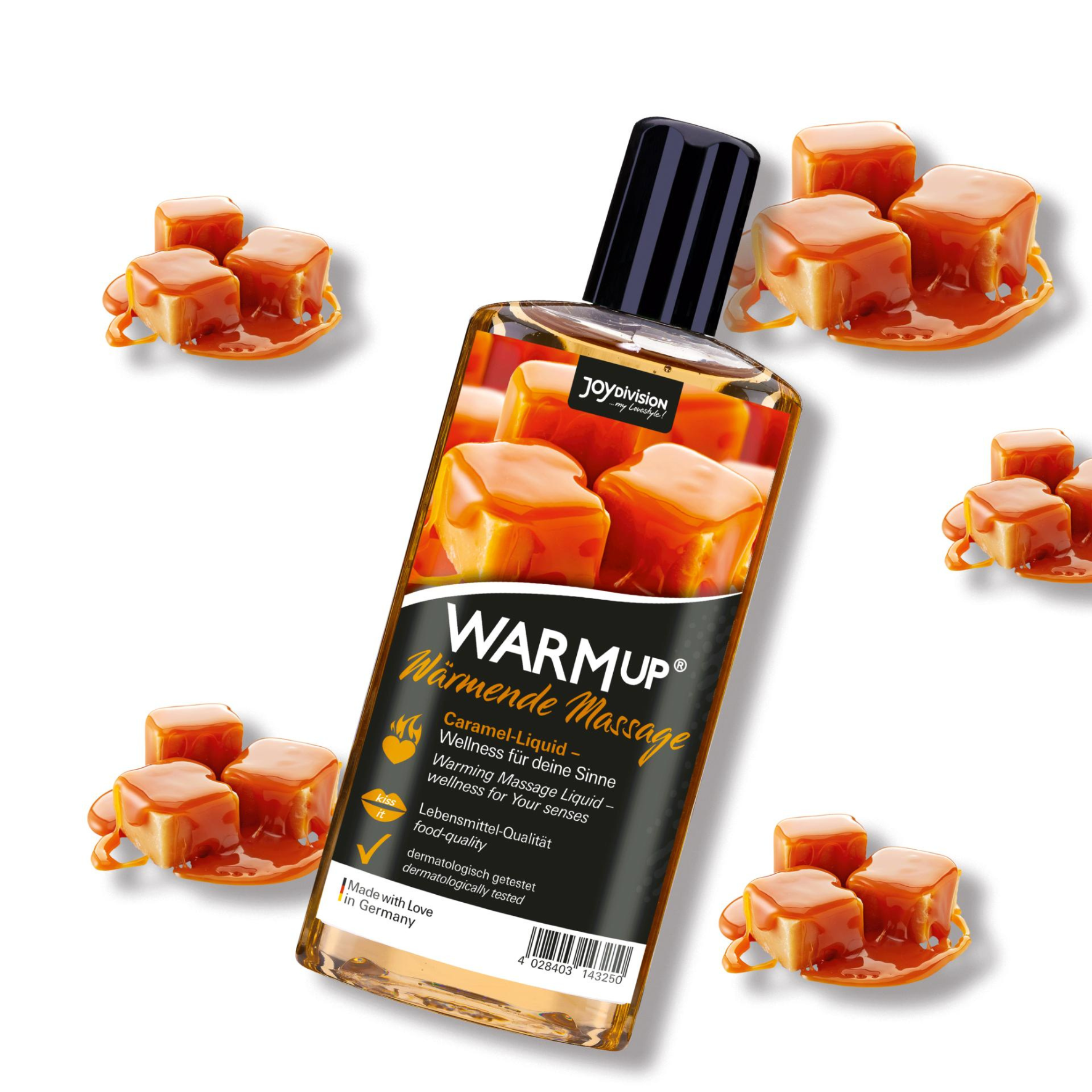 KARAMELĖS AROMATO MASAŽO ALIEJUS "JOYDIVISION WARMUP CARAMEL" - 150 ML  
Dermatologiškai patikrintas  “Joydivision WARMup” masažo aliejus yra sukurtas iš  itin aukštos maistinės kokybės ingredientų  - savo sudėtyje jis neturi cukraus bei aliejaus.  
Šis  veganiškas  masažo aliejus  išsiskiria šildomuoju poveikiu ir gamtą primenančiais aromatais bei skoniais . Dėka šių savybių, kiekvienas Jūsų masažas taps nepamirštamu ir ypatingu.  
Vokietijoje pagamintas produktas tirpsta vandenyje ir yra  nebandytas su gyvūnais .