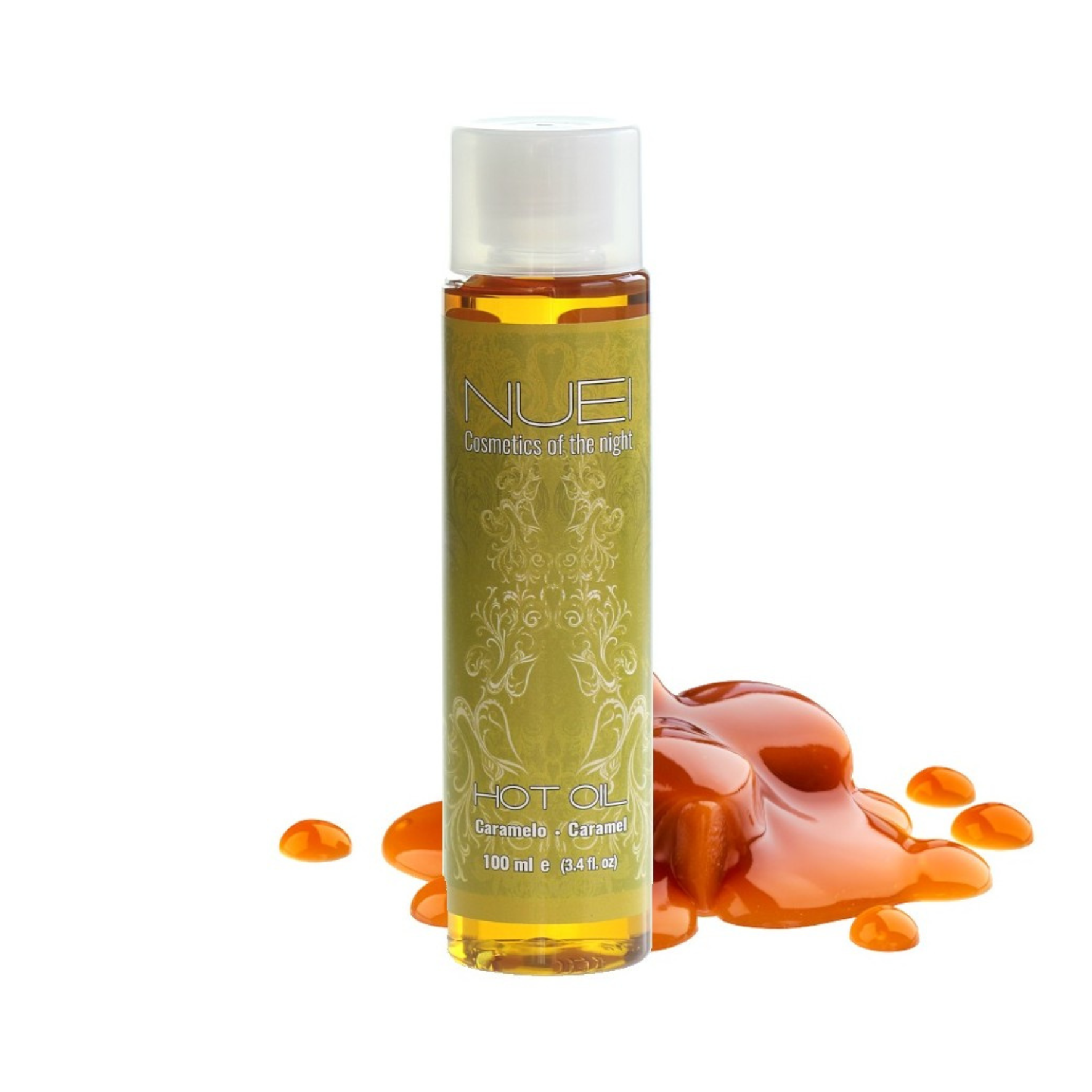 KARAMELĖS AROMATO MASAŽO ALIEJUS "NUEI HOT OIL CARAMEL" - 100 ML  
“NUEI Hot Oil” yra išskirtinis masažo aliejus  pasižymintis šildančiu poveikiu ir išskirtiniais aromatais.  
Šildantis poveikis bei malonūs aromatai  suteiks masažams jaudinančių ir aistringų prieskonių , kurių dėka atmosfera dar labiau įkais.  
Šis masažo aliejus yra  prisotintas ženšenio šaknų ektraktu , kuris veikia kaip natūralus stimuliatorius, turintis tonizuojančių ir afrodiziakinių savybių.  
Masažo aliejus suderinamas su latekso prezervatyvais ir sekso žaislais, pagamintais iš visų medžiagų, įskaitant silikoninius sekso žaislus. 
Ispanijoje sukurti NUEI produktai yra  pagaminti iš natūralių ingredientų, be parabenų, be glitimo ar cukrų. 