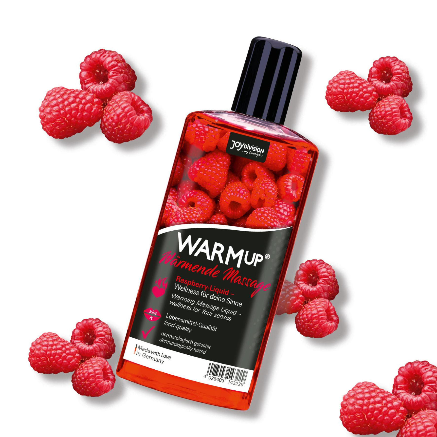 AVIEČIŲ AROMATO MASAŽO ALIEJUS "JOYDIVISION WARMUP RASPBERRY" - 150 ML   
Dermatologiškai patikrintas  “Joydivision WARMup” masažo aliejus yra sukurtas iš  itin aukštos maistinės kokybės ingredientų  - savo sudėtyje jis neturi cukraus bei aliejaus.  
Šis  veganiškas  masažo aliejus  išsiskiria šildomuoju poveikiu ir gamtą primenančiais aromatais bei skoniais . Dėka šių savybių, kiekvienas Jūsų masažas taps nepamirštamu ir ypatingu.  
Vokietijoje pagamintas produktas tirpsta vandenyje ir yra  nebandytas su gyvūnais .