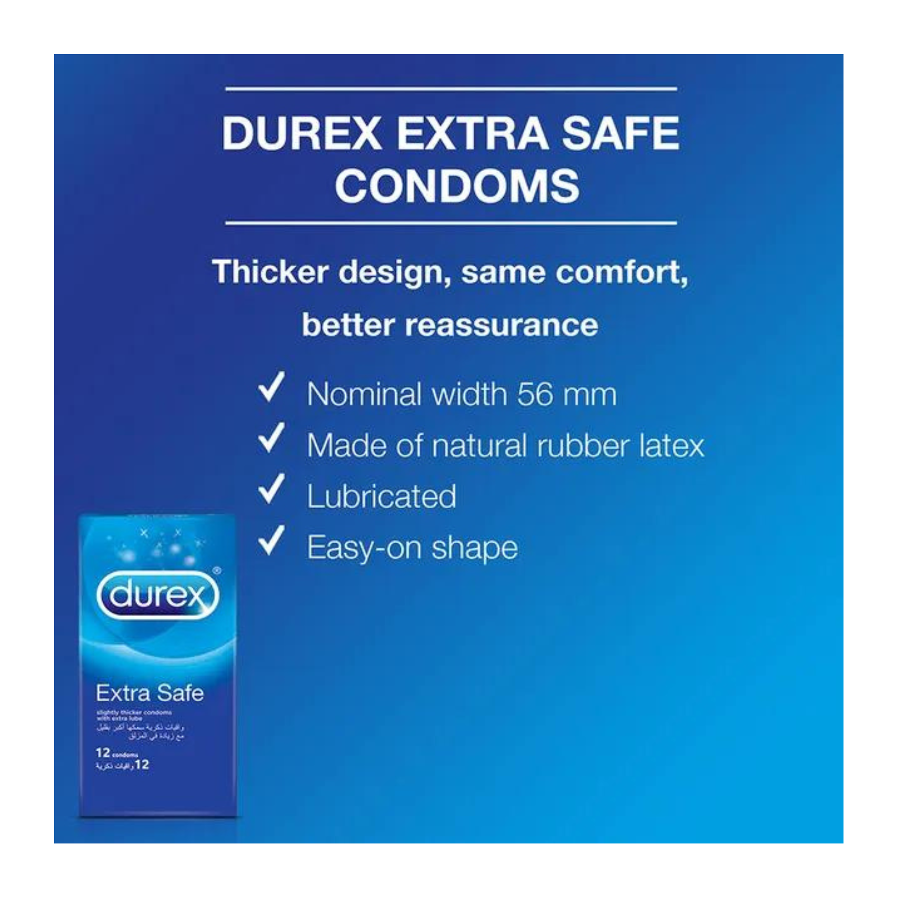 PREZERVATYVAI SUTEIKIANTYS MAKSIMALIĄ APSAUGĄ "DUREX EXTRA SAFE" - 12 VNT.  
"Durex Extra Safe" tai  skaidrūs ir lubrikuoti  prezervatyvai skirti  saugiai ir jausmingai patirčiai.  
  
Šie prezervatyvai sukurti iš šiek tiek storesnio latekso ir papildomai lubrikuoti, tad  seksas bus malonus bei saugus.  
Prieš užsidėdami prezervatyvą įsitikinkite, kad jūsų varpa neliečia partnerio lytinių organų srities – sperma iš varpos gali išeiti dar prieš pilną ejakuliaciją.   
*Atminkite, kad nė viena kontraceptinė priemonė nėra 100 % veiksminga nuo nėštumo, ŽIV ar lytiškai plintančių infekcijų.