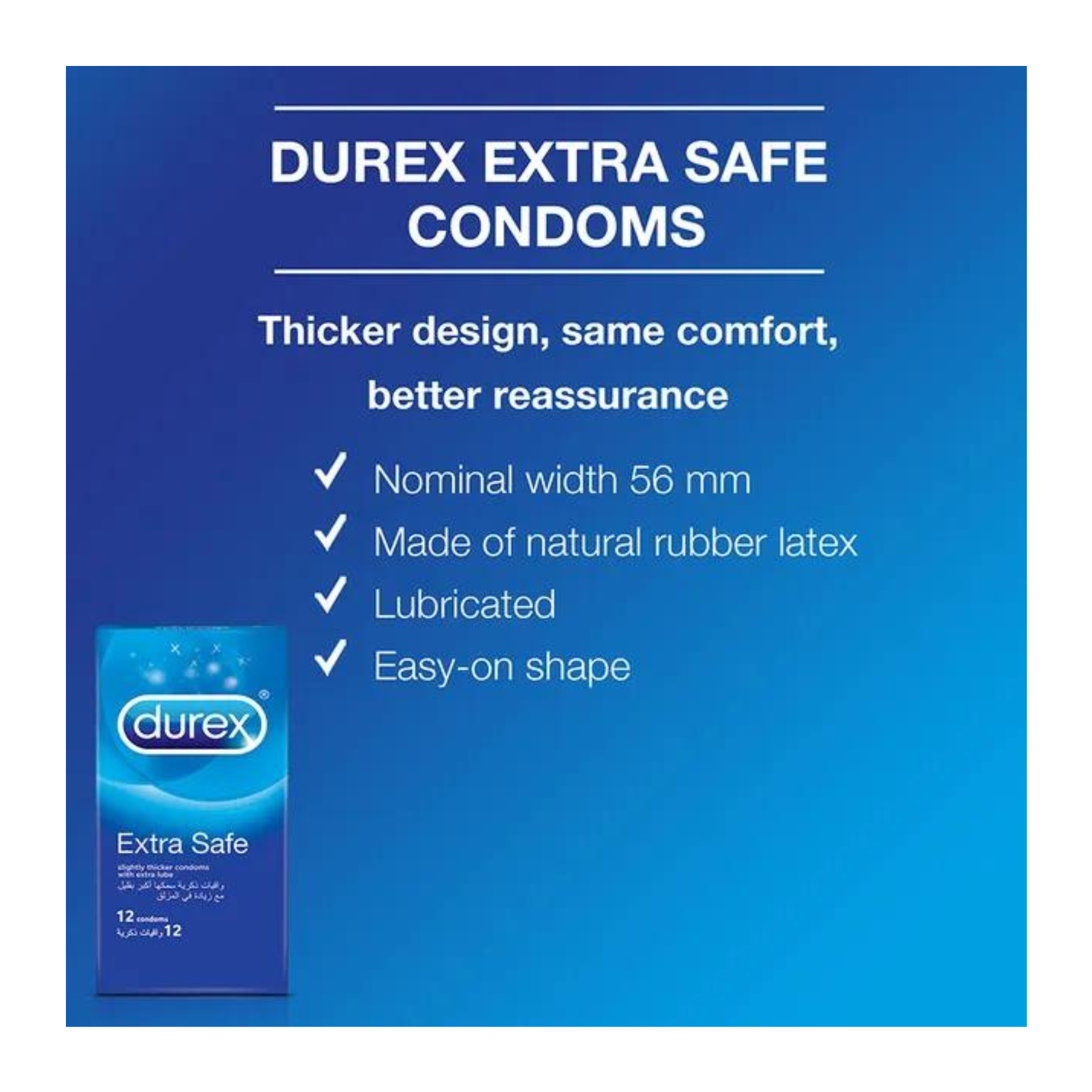 PREZERVATYVAI SUTEIKIANTYS MAKSIMALIĄ APSAUGĄ "DUREX EXTRA SAFE" - 12 VNT.  
"Durex Extra Safe" tai  skaidrūs ir lubrikuoti  prezervatyvai skirti  saugiai ir jausmingai patirčiai.  
  
Šie prezervatyvai sukurti iš šiek tiek storesnio latekso ir papildomai lubrikuoti, tad  seksas bus malonus bei saugus.  
Prieš užsidėdami prezervatyvą įsitikinkite, kad jūsų varpa neliečia partnerio lytinių organų srities – sperma iš varpos gali išeiti dar prieš pilną ejakuliaciją.   
*Atminkite, kad nė viena kontraceptinė priemonė nėra 100 % veiksminga nuo nėštumo, ŽIV ar lytiškai plintančių infekcijų.