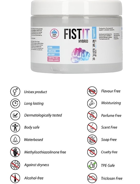 HIBRIDINĖS FORMULĖS LUBRIKANTAS "FIST IT HYBRID" - 500 ML 
 
Tai  išskirtinės formulės lubrikantas  “Fist It Hybrid”, kuris  sujungia geriausias vandens ir silikono savybes . 
Pagrindiniai privalumai: 
Itin ilgai išliekantis lubrikavimas.  
Švelnus slydimo pojūtis.  
Bekvapis, beskonis ir nelipnus. 
Sudėtyje nėra riebalų. 
Dermatologiškai patikrintas.  
Idealiai tiks fistingui. 
Suderinamas su latekso prezervatyvais. 
Kaip išsirinkti ir tinkamai naudoti lubrikantą?   
 