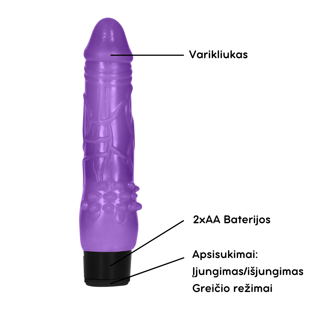 Klasikinis vibratorius "Fat Realistic Dildo Vibe" - Violetinis, 17,5 cm  
Naujasis tavo meilužis pagamintas iš termoplastinės gumos - saugumas, kuris niekada tavęs nenuvils. 
  
Jo dydis yra  daugiau nei 17 cm,  visada pataikys į tikslą, kad malonumas būtų nepamirštamas.  Briaunotas pagrindas  leis papildomai stimuliuoti klitorių, kas pridės papildomo malonumo. 
  
Vibratorius sukasi iki 11 000 aps./min, tai reiškia, jog tau nieko nereikia daryti, tiesiog mėgautis. Yra keli greičiai ir jų valdymas, tai leis pasiekti orgazmą skirtingais būdais ir tempais. 
  
Pasiimk jį su savimi kur tik nori,  jis niekada nesiginčija ir netingės, jis visada bus šalia dėl tavo malonumo.  
  
Nereikia bijoti kad pateks vandens,  vibratorius atsparus vandeniui ir naudoja AA tipo bateriją.   
  
Tinkamai prižiūrint  šis vibratorius tarnaus tikrai ilgai. Prieš ir po kiekvieno naudojimo nuplaukite jį šiltu vandeniu ir švelniu muilu arba specialiu žaislų valikliu. Leiskite išdžiūti natūraliai. Šį sekso žaislą laikykite stalčiuje, specialiame maišelyje arba kitoje vietoje, kurioje nėra dulkių. Laikykite jį atokiau nuo kitų sekso žaislų. Nepalikite tiesioginiuose saulės spinduliuose ir niekada nelaikykite jo dideliame karštyje. 
  
Rekomenduojama naudoti kartu su vandens pagrindo lubrikantu.  Nenaudokite silikoninių lubrikantų, aliejų ar kremų, nes jie gali sugadinti prietaiso medžiagą ir apriboti jo veikimą bei galiojimo laiką.  
  
Kodėl jums reikalingas vibratorius? 
Vibratorius ar klasikinis vibratorius yra sekso žaislas, naudojamas ant kūno maloniai seksualinei stimuliacijai kelti. 
Vibratoriai gali būti naudojami tiek solo, tiek poroje ar kelių žmonių žaidimams kartu. Taip pat jie gali būti naudojami erogeninėms zonoms, tokioms kaip klitoris, vulva ar makštis, varpa, kapšelis ar išangė, siekiant seksualiai stimuliuoti, išlaisvinti seksualumą ir pasiekti orgazmą. 
Vibratoriai yra rekomenduojami sekso terapeutų moterims, kurioms sunku pasiekti orgazmą masturbacijos ar lytinių santykių metu.