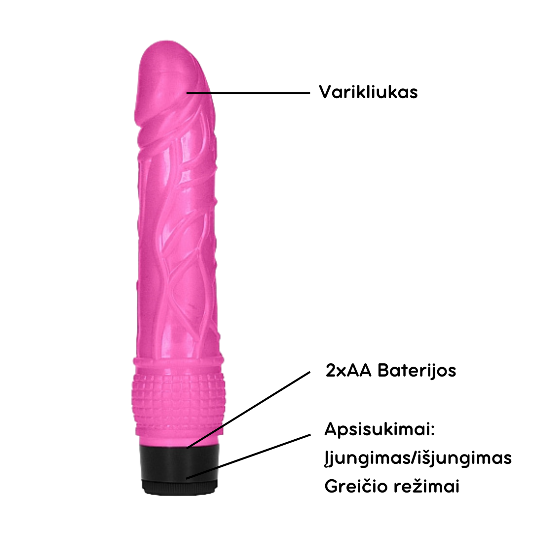 Klasikinis vibratorius "Realistic Dildo Vibe" – Rožinis, 18 cm  
Naujasis tavo meilužis pagamintas iš termoplastinės gumos,  saugumas, kuris  niekada tavęs nenuvils.  
Jo dydis yra  18 cm,  visada pataikys į tikslą, kad  malonumas būtų nepamirštamas.  Briaunotas pagrindas leis papildomai stimuliuoti klitorių, kas pridės  papildomo malonumo  
Vibratorius sukasi iki 11 000 aps./min, tai reiškia, jog tau nieko nereiks daryti, tiesiog mėgautis. Yra keli greičiai ir jų valdymas, tai leis pasiekti orgazmą skirtingais būdais ir tempais. 
Pasiimk jį su savimi kur tik nori, jis niekda nesiginčys ir netingės, jis visada bus šalią dėl tavo malonumo.   
Nereikia bijoti kad pateks vandens,  vibratorius atsparus vandeniui ir naudoja AA tipo bateriją.   
  
Tinkamai prižiūrint  šis vibratorius tarnaus tikrai ilgai. Prieš ir po kiekvieno naudojimo nuplaukite jį šiltu vandeniu ir švelniu muilu arba specialiu žaislų valikliu. Leiskite išdžiūti natūraliai. Šį sekso žaislą laikykite stalčiuje, specialiame maišelyje arba kitoje vietoje, kurioje nėra dulkių. Laikykite jį atokiau nuo kitų sekso žaislų. Nepalikite tiesioginiuose saulės spinduliuose ir niekada nelaikykite jo dideliame karštyje. 
  
Rekomenduojama naudoti kartu su vandens pagrindo lubrikantu.  Nenaudokite silikoninių lubrikantų, aliejų ar kremų, nes jie gali sugadinti prietaiso medžiagą ir apriboti jo veikimą bei galiojimo laiką.  
  
Kodėl jums reikalingas vibratorius? 
Vibratorius ar klasikinis vibratorius yra sekso žaislas, naudojamas ant kūno maloniai seksualinei stimuliacijai kelti. 
Vibratoriai gali būti naudojami tiek solo, tiek poroje ar kelių žmonių žaidimams kartu. Taip pat jie gali būti naudojami erogeninėms zonoms, tokioms kaip klitoris, vulva ar makštis, varpa, kapšelis ar išangė, siekiant seksualiai stimuliuoti, išlaisvinti seksualumą ir pasiekti orgazmą. 
Vibratoriai yra rekomenduojami sekso terapeutų moterims, kurioms sunku pasiekti orgazmą masturbacijos ar lytinių santykių metu.