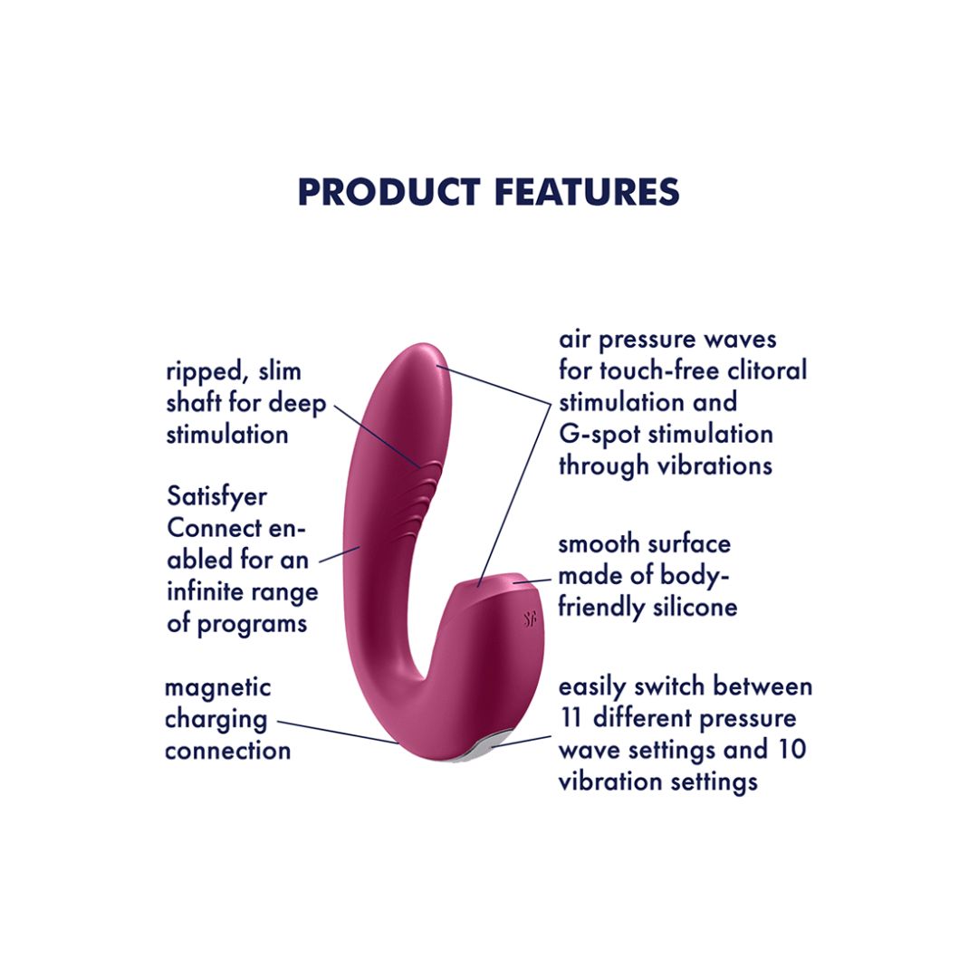 Išmanusis G taško vibratorius- Klitorio stimuliatorius "Sunray" – Tamsiai raudonas 
"Sunray'' idealiai tinka neapsisprendusiems malonumų ieškotojams. Šis sekso žaislas  turi daugybę funkcijų ir panaudojimo būdų . Vakuuminėmis oro slėgio bangomis jis myluos jūsų  klitorį, o G tašką  palepins intensyviomis ir įvairiomis vibracijomis. Dėl savo kompaktiško dizaino ir lengvo valdymo vienu prisilietimu, puikiai tinka net ir pradedančioms moterims ar jų partneriams, kurie nori užpildyti savo seksualinį gyvenimą naujais potyriais 
Du galingi varikliukai  užtikrina stiprią vibraciją. Dvi nepriklausomai valdomos funkcijos leidžia pasirinkti  11 vakuuminių bangų stimuliacijos intensyvumo lygių ir 10 vibracijos programų.  
"Sunray" stebina ergonomiška forma ir tyliu veikimu. Pasiduokite savo fantazijoms ir mėgaukitės klitoriniu stimuliatoriumi be jokio pašalinio triukšmo. Stimuliatorius yra  atsparus vandeniui  (IPX7), todėl malonumais galėsite mėgautis net duše ar vonioje.  Po vandeniu jo galinga bangų stimuliacija yra daug stipresnė. Jei žaislas išsikraus - bateriją galima įkrauti naudojant pridedamą  USB  laidą. 
Tinkamai prižiūrint šis stimuliatorius tarnaus jums ilgai. Prieš ir po kiekvieno naudojimo nuplaukite jį šiltu vandeniu ir švelniu muilu arba  specialiu žaislų valikliu . Leiskite išdžiūti natūraliai. Šį sekso žaislą laikykite stalčiuje, specialiame maišelyje arba kitoje vietoje, kurioje nėra dulkių. Laikykite jį atokiau nuo kitų sekso žaislų. Nepalikite tiesioginiuose saulės spinduliuose ir niekada nelaikykite jo dideliame karštyje. 
Rekomenduojama naudoti kartu su  vandens pagrindo lubrikantu . Nenaudokite silikoninių lubrikantų, aliejų ar kremų, nes jie gali sugadinti prietaiso medžiagą ir apriboti jo veikimą bei galiojimo laiką.  
Kodėl jums reikalingas vibratorius? 
Vibratorius ar klasikinis vibratorius yra sekso žaislas, naudojamas ant kūno maloniai seksualinei stimuliacijai kelti. 
Vibratoriai gali būti naudojami tiek solo, tiek poroje ar kelių žmonių žaidimams kartu. Taip pat jie gali būti naudojami erogeninėms zonoms, tokioms kaip klitoris, vulva ar makštis, varpa, kapšelis ar išangė, siekiant seksualiai stimuliuoti, išlaisvinti seksualumą ir pasiekti orgazmą. 
Vibratoriai yra rekomenduojami sekso terapeutų moterims, kurioms sunku pasiekti orgazmą masturbacijos ar lytinių santykių metu.