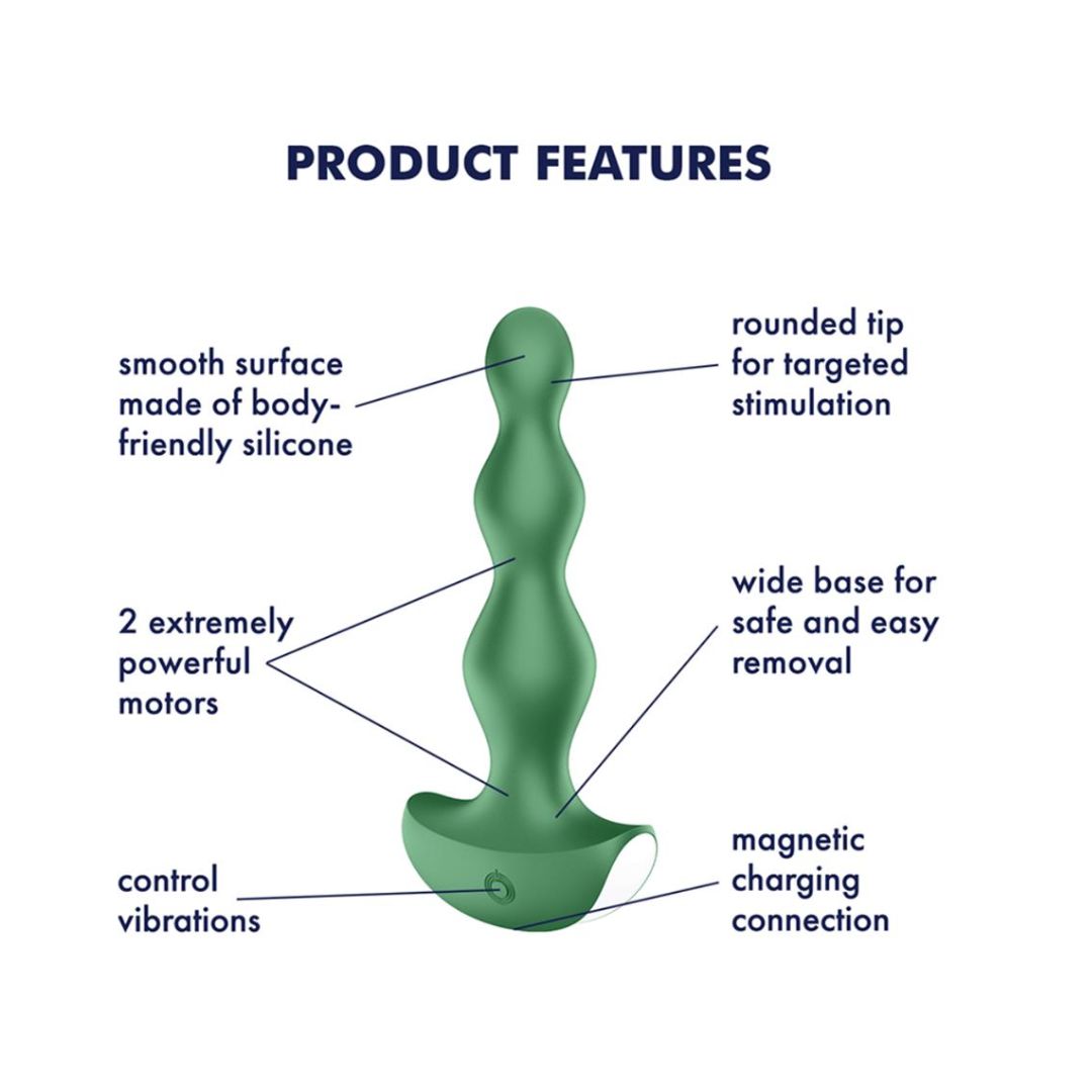 Vibruojantis analinis kaištis "Lolli Plug 2" – Žalias 
 
Prabangus, vibruojantis analinis kaištis  puikiai tinka ir pradedantiesiems , pagamintas iš švelnaus medicininio silikono, o taip pat yra ir be ftalatų.  Higieniškas ir lengvai valomas  kaištis yra labai malonus liesti, o dėl išskirtinai minkštos medžiagos - be skausmo ir diskomforto įslysta į vidų. Šio analinio kaiščio pagalba pajusite, ką reiškia tikra ekstazė. 
"Lolli Plug 2'' labai lengvai valdomas analinis kaištis, kurį galite įjungti ir išjungti vos vieno mygtuko paspaudimu. Kaištis  turi net 2 galingus varikliukus ir 12 skirtingų, intensyvių vibracijos režimų , kurios patenkins net išrankiausių analinių žaidimų entuziastų poreikius. 
Integruota ličio jonų bateriją galima įkrauti ir  mėgautis žaidimais nepertraukiamai.  Galėsite pasiimti jį kartu su savimi net ir į audringų žaidimų kupinas keliones. 
Tinkamai prižiūrint  šis kaištis tarnaus tikrai ilgai. Prieš ir po kiekvieno naudojimo nuplaukite jį šiltu vandeniu ir švelniu muilu arba specialiu žaislų valikliu. Leiskite išdžiūti natūraliai. Šį sekso žaislą laikykite stalčiuje, specialiame maišelyje arba kitoje vietoje, kurioje nėra dulkių. Laikykite jį atokiau nuo kitų sekso žaislų. Nepalikite tiesioginiuose saulės spinduliuose ir niekada nelaikykite jo dideliame karštyje. 
  
Rekomenduojama naudoti kartu su vandens pagrindo lubrikantu.  Nenaudokite silikoninių lubrikantų, aliejų ar kremų, nes jie gali sugadinti prietaiso medžiagą ir apriboti jo veikimą bei galiojimo laiką.  
Analiniai vibratoriai:  
Analinis vibratorius yra vibratorius, skirtas seksualiniam tiek vyrų, tiek moterų išangės stimuliavimui. Visi analiniai vibratoriai turi vieną bendrą bruožą: jie sukuria vibruojantį efektą tiesiojoje žarnoje, kad jo naudotojas galėtų mėgautis maloniais pojūčiais.  
Analiniai vibratoriai nuo kitų tipų vibratorių skiriasi tuo, kad turi platėjantį pagrindą. Vidutinis analinio vibratoriaus dydis yra mažesnis nei vibratorių, skirtų prasiskverbti į makštį.   
Skirtingai nei analiniai dildo, tokie kaip užpakalio kamščiai ar analiniai karoliukai, vibruojantys analiniai žaislai gali sukelti įvairius stimuliuojančius efektus: sukasi, vibruoja arba pulsuoja, ir gali turėti skirtingą greitį ar vibracijos lygį, kad būtų galima reguliuoti ir pritaikyti vibratorių prie įvairių norimų pajausti pojūčių. 