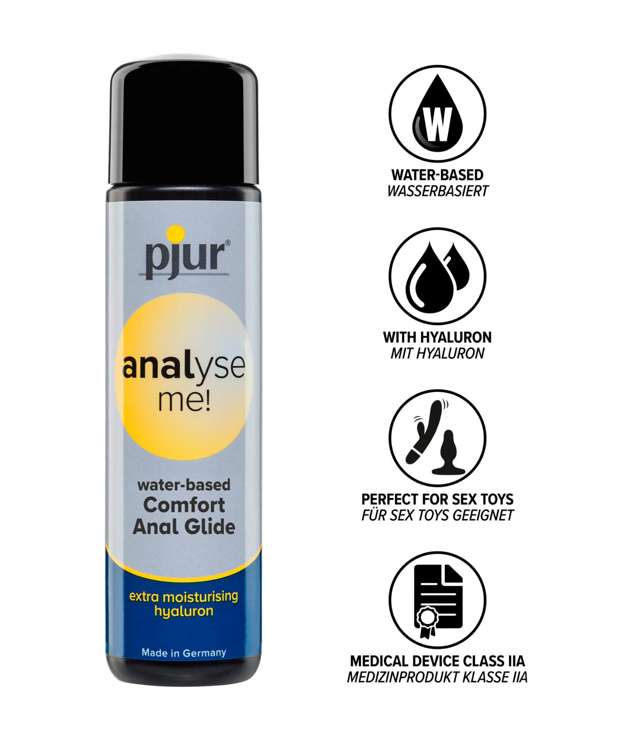 VANDENS PAGRINDO LUBRIKANTAS SU HIALURONU "PJUR ANALYSE ME! COMFORT GLIDE" - 30 ML  
Vandens pagrindo  lubrikantas “Pjur Analyse Me! Comfort Water Anal Glide” pasirūpins Jūsų analiniais malonumais. 
Šis lubrikantas išskirtinis tuo, jog yra  praturtintas aukštos kokybės hialuronu . Šis lubrikantas  gali maloniai nustebinti silikono pagrindo lubrikantų gerbėjus  - hialuronas suteikia odai itin panašų pojūtį, kokį suteikia ir silikonas.  
Taip pat  hialuronas sujungia visus vandens pagrindo lubrikanto privalumus   ir sukuria ypatingai ilgai išliekantį lubrikavimo bei slydimo pojūtį , kuris leidžia patogiai ir sklandžiai mėgautis analine sueitimi. 
Pagamintas  be pridėtinių kvapiųjų medžiagų . 
Skirtas tiek vyrams, tiek moterims. Tinkamas naudoti su prezervatyvais ir su visais sekso žaislais. 
 
Kaip išsirinkti ir tinkamai naudoti lubrikantą?