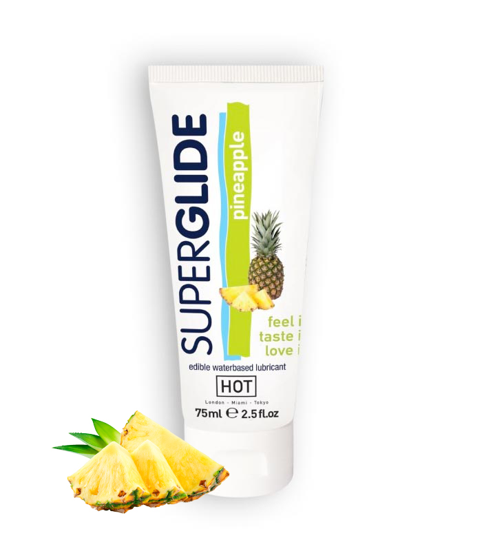 ANANASŲ SKONIO VANDENS PAGRINDO LUBRIKANTAS "HOT SUPERGLIDE PINEAPPLE" - 75 ML 
“Hot Superglide” - sukurtas gardžioms akimirkoms.  
Vandens pagrindo  lubrikantas, pasižymintis  itin natūraliu aromatu  ir  skoniu , pasirūpins ne tik  ilgalaikiu lubrikavimu , bet ir paskatins atrasti naujus oralinius potyrius. Dėka puikios formulės, į kurią neįeina silikonas, produktas tinkamas  net jautriausią odą  turintiems malonumų mėgėjams - jis nesukels dirginimo ir diskomforto. Lubrikantas nepalieka žymių ir yra nelipnus.  
Tinkamas vaginalinei ir oralinei sueičiai, taip pat galima naudoti su latekso prezervatyvais ir sekso žaislais. 
  
Kaip išsirinkti ir tinkamai naudoti lubrikantą?