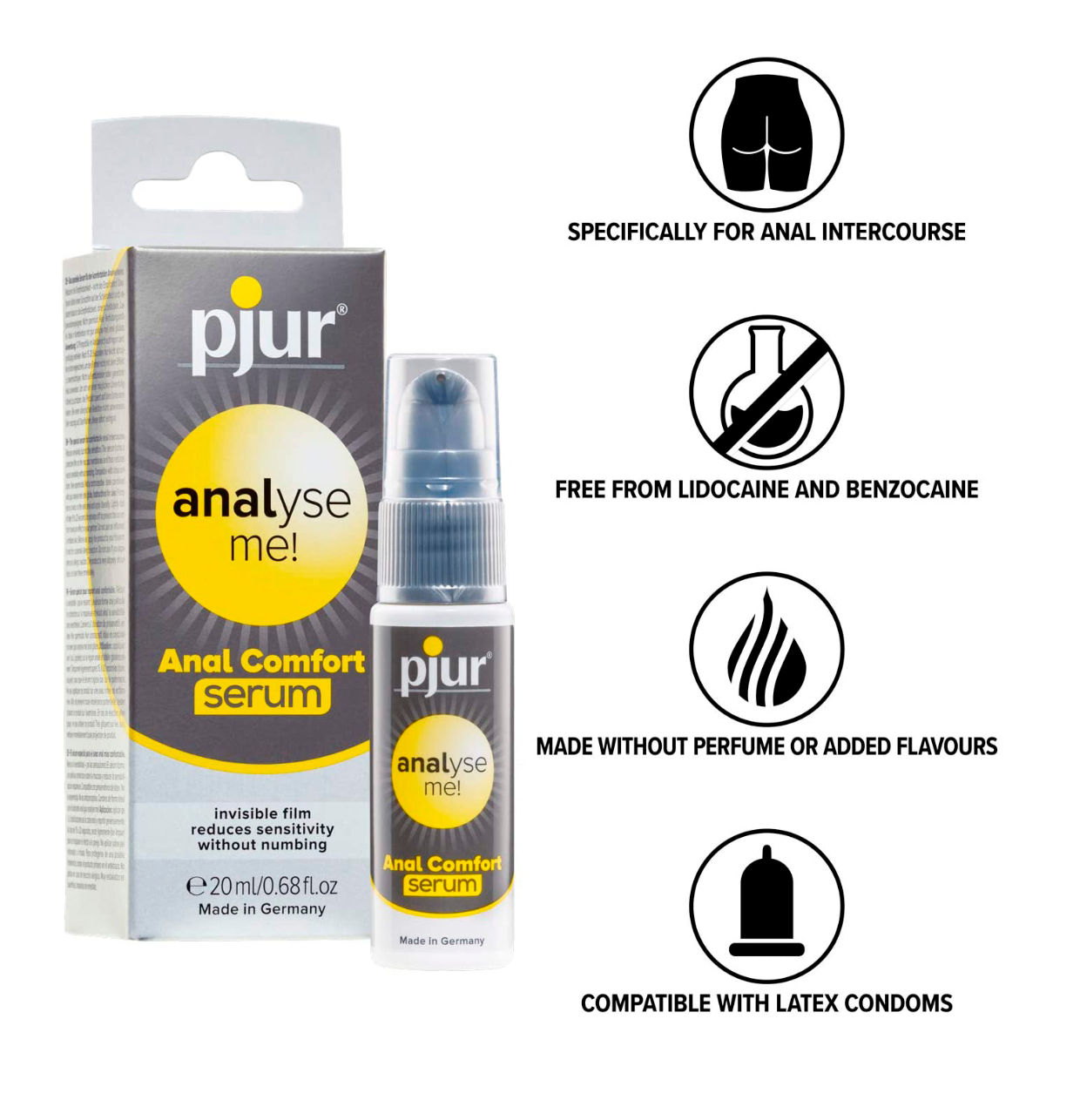 SILIKONO PAGRINDO LUBRIKANTAS - SERUMAS "PJUR ANALYSE ME!" - 20 ML  
Šis  “Pjur Anal Comfort Serum” serumas  leis Jums mėgautis kiekviena analinio sekso akimirka . 
Tai koncentruotas gelis patogiam analiniam seksui. Užtepus šio produkto, ant gleivinės  susidaro apsauginė plėvelė, kuri sumažina nemalonų, diskomfortą keliantį jautrumą, bet ne jaudinančius malonius pojūčius . Serumo  sudėtyje nėra lidokaino ar benzokaino , todėl jis neturi nuskausminamojo poveikio.  
Produktas beskonis ir bekvapis. 
Suderinamas su latekso prezervatyvais.  
 
Kaip išsirinkti ir tinkamai naudoti lubrikantą?