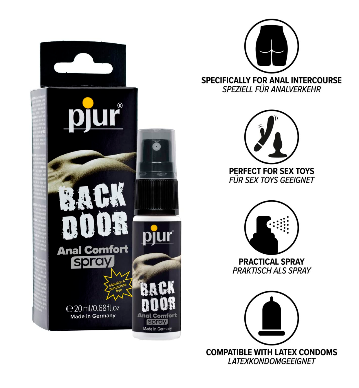 ATPALAIDUOJANTIS SILIKONO PAGRINDO LUBRIKANTAS - SERUMAS "PJUR BACKDOOR" - 20 ML  
Atpalaiduojamasis “Pjur Back Door Spray” purškiklis  sukurtas išskirtinai intensyviems analiniams žaidimams . 
Didesnės koncentracijos produktas  praturtintas aukštos kokybės pantenoliu ir alaviju  viską padarys už Jus - purškalas įsigers į odą, ją ir jos audinius atpalaiduos,  neutralizuos pernelyg didelį jautrumą, palikdamas tik malonius įsiskverbimo pojūčius . Didesnė koncentracija reiškia, jog  galėsite eksperimentuoti, fantazuoti ir naudoti didesnius erotinius žaislus .  
Sudėtyje  nėra lidokaino ir benzokaino . 
Suderinamas su latekso prezervatyvais. 
 
Kaip išsirinkti ir tinkamai naudoti lubrikantą?