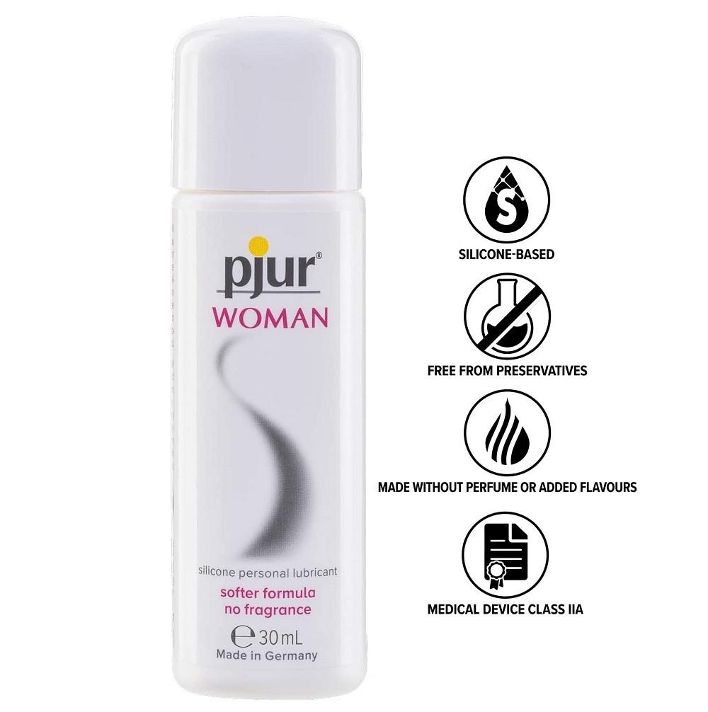 SILIKONO PAGRINDO LUBRIKANTAS "PJUR WOMAN" - 30 ML  
Silikono pagrindo  lubrikantas ir masažo gelis viename “Pjur Woman” pasirūpins Jūsų nuostabia, jautria, moteriška oda.  
  
Šis produktas ne tik  užtikrins ilgalaikę lubrikaciją,  bet ir  palepins Jūsų odą  - padės esant makšties sausumui, suteiks šilkinį švelnumą ir įjautrins bei dar labiau  sustiprins tai, ką jaučiate lytinio akto metu .  
  
Sudėtyje  nėra kvapiųjų medžiagų  ir  konservantų . 
  
“Pjus Woman” pasižymi universalumu - tinkamas vaginalinei sueičiai, erotiniams masažams, taip pat suderinamas su prezervatyvais. 
 
Kaip išsirinkti ir tinkamai naudoti lubrikantą?