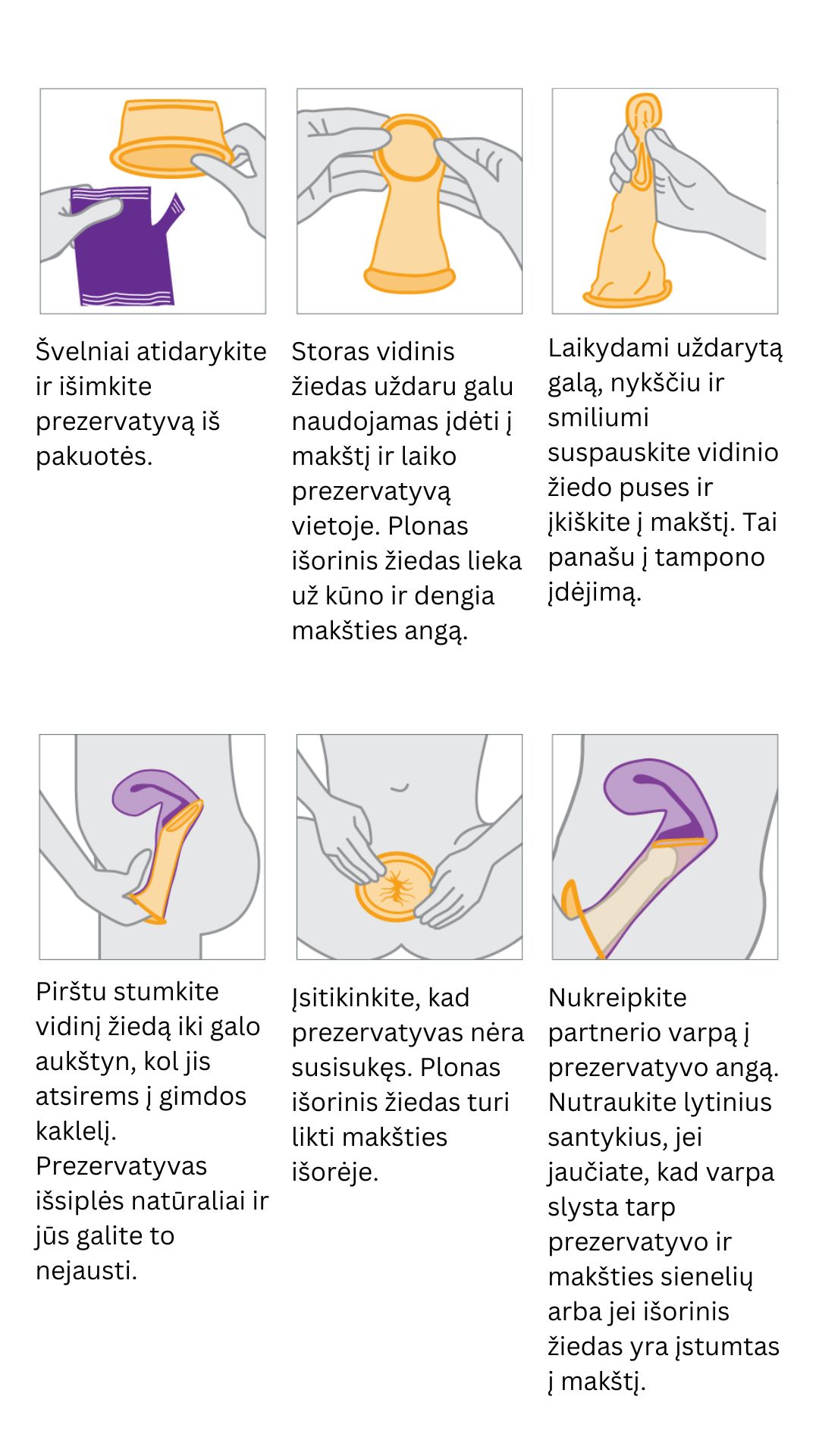 MOTERIŠKI PREZERVATYVAI, SO SEXY  
Patarimai 
Naudokitės moterišku (vidiniu) prezervatyvu nuo pradžios iki pabaigos kiekvieną kartą, kai užsiimate vaginaliniu seksu.* 
Perskaitykite prezervatyvų pakuotės lapelį ir patikrinkite galiojimo datą. 
Įsitikinkite, kad nėra įplyšimų ar defektų. 
Naudokite lubrikantą, kad prezervatyvas neslystų ir nesuplyštų. 
Prezervatyvus laikykite vėsioje, sausoje vietoje. 
*Moteriški (vidiniai) prezervatyvai taip pat gali būti naudojami analiniam seksui ir rekomenduojama laikytis tų pačių bendrųjų nurodymų, kaip ir makšties sekso atveju, aprašytų toliau.  
  
Rekomendacijos 
Nenaudokite  vyriško (išorinio) prezervatyvo  su moterišku (vidiniu) prezervatyvu, nes tai gali sukelti plyšimą. 
Nenaudokite prezervatyvo pakartotinai. 
Nemeskite prezervatyvų į tualetą, nes jie gali jį užkimšti.