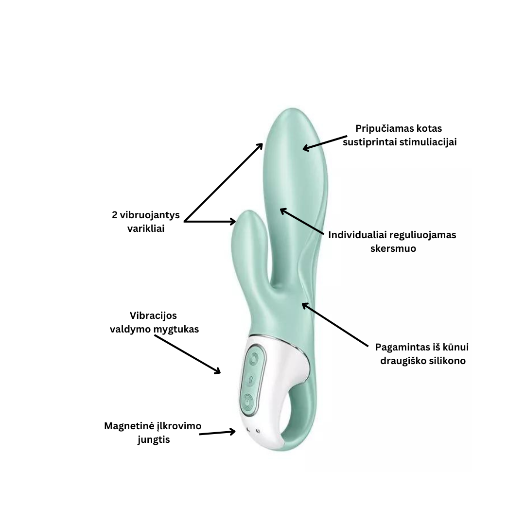 G-taško vibratorius- Klitorio stimuliatorius „Air Pump Bunny“, su pripūtimo funkcija  
Ypatingai tinka pradedantiesiems, dėl dydžio bei vibratoriaus apačioje esančio laikymo žiedo - idealiai telpa į ranką bei jį itin paprasta valdyti. 
Vibratorius turi pripūtimo funkciją,  todėl norėdami intensyvesnės stimuliacijos paspauskite mygtuką ir vibratoriaus galvutė išsipūs. Norėdami grąžinti vibratorių į jo pirminę būseną, tiesiog paspauskite mygtuką ir jis išleis orą, per vibratoriaus gale esančią oro išleidimo skylutę.  
Norėdami pajausti maksimalų malonumą, rekomenduojame papildomai naudoti   lubrikantą  , pagamintą vandens pagrindu. 
Vibratorius yra atsparus vandeniui todėl jį galima naudoti duše ar vonioje. Po naudojimo, rekomenduojama vibratorių nuvalyti  sekso žaislų valikliu.  
Po meilės žaidimo valandų, galite vibratorių įkrauti pridėtu USB magnetiniu įkrovimo laidu. 
Kodėl jums reikalingas vibratorius? 
Vibratorius ar klasikinis vibratorius yra sekso žaislas, naudojamas ant kūno maloniai seksualinei stimuliacijai kelti. 
Vibratoriai gali būti naudojami tiek solo, tiek poroje ar kelių žmonių žaidimams kartu. Taip pat jie gali būti naudojami erogeninėms zonoms, tokioms kaip klitoris, vulva ar makštis, varpa, kapšelis ar išangė, siekiant seksualiai stimuliuoti, išlaisvinti seksualumą ir pasiekti orgazmą. 
Vibratoriai yra rekomenduojami sekso terapeutų moterims, kurioms sunku pasiekti orgazmą masturbacijos ar lytinių santykių metu.