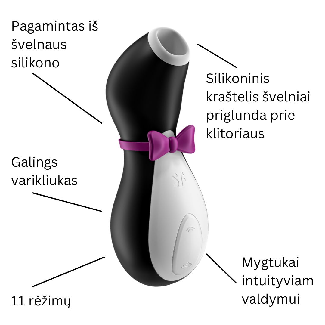 Klitorio stimuliatorius ,,Satisfyer Penguin'' 
 
Bene stilingiausias ,,Satisfyer" serijos žaislas - pingvinas. Šis, elegantišku fraku apsivilkęs gundytojas tik ir laukia, kol pakviesite jį į pasimatymą dviese, o jis palepins jus jaudinančia  vakuumine stimuliacija  iki pat sprogstančio orgazmo. Stimuliatorius turi  11 intensyvumo lygių , galėsite rinktis: nuo švelnaus iki intensyvaus klitorio stimuliavimo. Dėl  tylaus variklio  galite naudoti jį be jokių dvejonių, net jei kitame kambaryje yra žmonių. Stimuliatoriaus valdymas yra išties paprastas - pažangūs mygtukai leis lengvai perjungti intensyvumo lygius, todėl karštos susijaudinimo ir malonumo bangos jus jaudins visada, kai tik to norėsite. 
Dėl plonos, ergonomiškos formos ,,Penguin" gali tapti  puikiu kelionių partneriu , nes jis nesunkiai tilps į jūsų rankinę ar krepšį. ,,Penguin'' vakuuminių bangų technologija, sukuria siurbimo efektą, kuris suteiks jums jaudinantį orgazmą iš pirmo karto. Šis pingvinas turi  ličio jonų bateriją , kurią nesunkiai įkrausite rinkinyje pridedamu USB laidu. Jis puikiai tinka kaip stilinga dovana šiuolaikinei moteriai.  
Tinkamai prižiūrint šis stimuliatorius tarnaus jums ilgai. Prieš ir po kiekvieno naudojimo nuplaukite jį šiltu vandeniu ir švelniu muilu arba  specialiu žaislų valikliu . Leiskite išdžiūti natūraliai. Šį sekso žaislą laikykite stalčiuje, specialiame maišelyje arba kitoje vietoje, kurioje nėra dulkių. Laikykite jį atokiau nuo kitų sekso žaislų. Nepalikite tiesioginiuose saulės spinduliuose ir niekada nelaikykite jo dideliame karštyje. 
Rekomenduojama naudoti kartu su  vandens pagrindo lubrikantu . Nenaudokite silikoninių lubrikantų, aliejų ar kremų, nes jie gali sugadinti prietaiso medžiagą ir apriboti jo veikimą bei galiojimo laiką. 