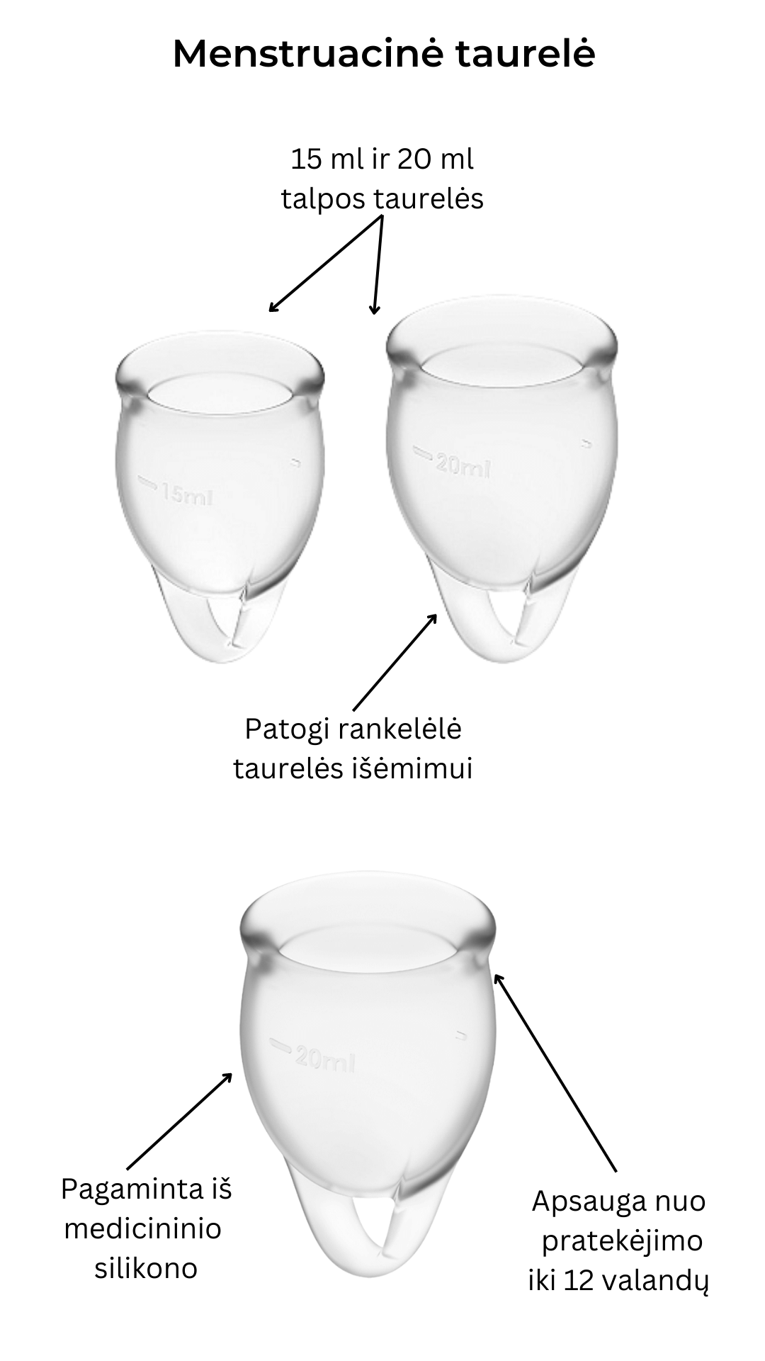 Menstruacinės taurelės Feel Confident - Transparent 
Skaidrios menstruacinės taurelės „Feel Confident“ iš „Satisfyer“ yra puiki, ekologiška ir ekonomiška alternatyva tamponams ar higieniniams įklotams. 
Rinkinyje yra dvi skirtingo tūrio, iš medicininio ir kūnui saugaus silikono pagamintos taurelės, kurias paprasta įsidėti. 
Šios higieniškos, medicininės silikoninės ir lengvai įdedamos menstruacinės taurelės, pasižyminčios žaismingu dizainu, susideda iš dviejų dalių. 15 ml  ir 20 ml talpos, todėl tinka lengvesnėms ir sunkesnėms dienoms. 
Kilpa gale skirta tam, kad taurelę būtų patogu ištraukti. 
Menstruacijų pradžioje galite rinktis 20 ml talpos taurelę, o pabaigoje – 15 ml. 
Kodėl rinktis menstruacinę taurelę? 
Jokio nemalonaus kvapo ir baimės, kad neturite susavimi įklotų! Su menstruacine taurele galite laisvai sportuoti, maudytis, miegoti ar bėgioti. 
Tai yra ekologiška alternatyva, kuri padeda saugoti planetą. 
Sutaupysite! Menstruacinė taurelė gali tarnauti kelis metus, todėl tai yra ekonomiška alternatyva su kuria sutaupysite iki 90% išlaidų, kurias skiriate įklotams ir tamponams. 
Jokio pratekėjimo iki 12 valandų! Menstruacinę taurelę galite įsidėti ryte, o išsiimti ir ištuštinti tik vakare.  
Kas gali naudoti menstruacinę taurelę? 
Daugiau ir mažiau kraujuojančios.  
Gimdžiusios ir negimdžiusios moterys.  
Moterys, neturėjusios lytinių santykių.  
Ar taurelė nepratekės? 
Tam, kad menstruacinė taurelė nepratekėtų, ji turi tinkamai išsiskleisti viduje. Tam, kad įsitikintumėte, jog taurelė tinkamai atsidarė, galite su pirštu perbraukti per kraštelį ir patikrinti, ar nesusiformavo raukšlės. Jei taurelė teisingai atsidarė, bus susidaręs vakuumas.  
Taurelė gali pratekėti, jei mėnesinės yra itin gausios, kad to nenutiktų – turite stebėti mėnesinių gausą ir rekomenduojama dažniau ištuštinti taurelę, kol suprasite kas kiek valandų jums reikia ją tuštinti ir atrasite tavo ritmą.  
Kaip ištuštinti taurelę? 
Taurelę rekomenduojama ištuštinti kas 12 valandų ar dažniau, jei kraujuojate gausiau. Ištuštinus taurelę ją nuplaukite po tekančiu vandeniu ir dezinfekuokite.  
Kaip įsidėti menstruacinę taurelę? 
Prieš naudojant menstruacinę taurelę, ją reikia pavirti 3-5 minutes vandenyje.  
Nusiplaukite rankas ir atsisėdusi ant unitazo praskėskite kojas. 
Spustelkite rodomuoju pirštu per vienos taurelės briaunos vidurį (taurelė bus U formos).  
Lengvai stumiant, įdėkite taurelę į makštį. 
Kaip išimti menstruacinę taurelę? 
Taurelę išsitraukti galite timptelėjusios už jos uodegėlės, o kraują išpilkite į unitazą. Taurelę praplaukite ir galite ją naudoti vėl. Pasibaigus mėnesinėms, taurelę pavirkite vandenyje.  
Šlapinantis ar tuštinantis taurelės išsiimti nereikia.