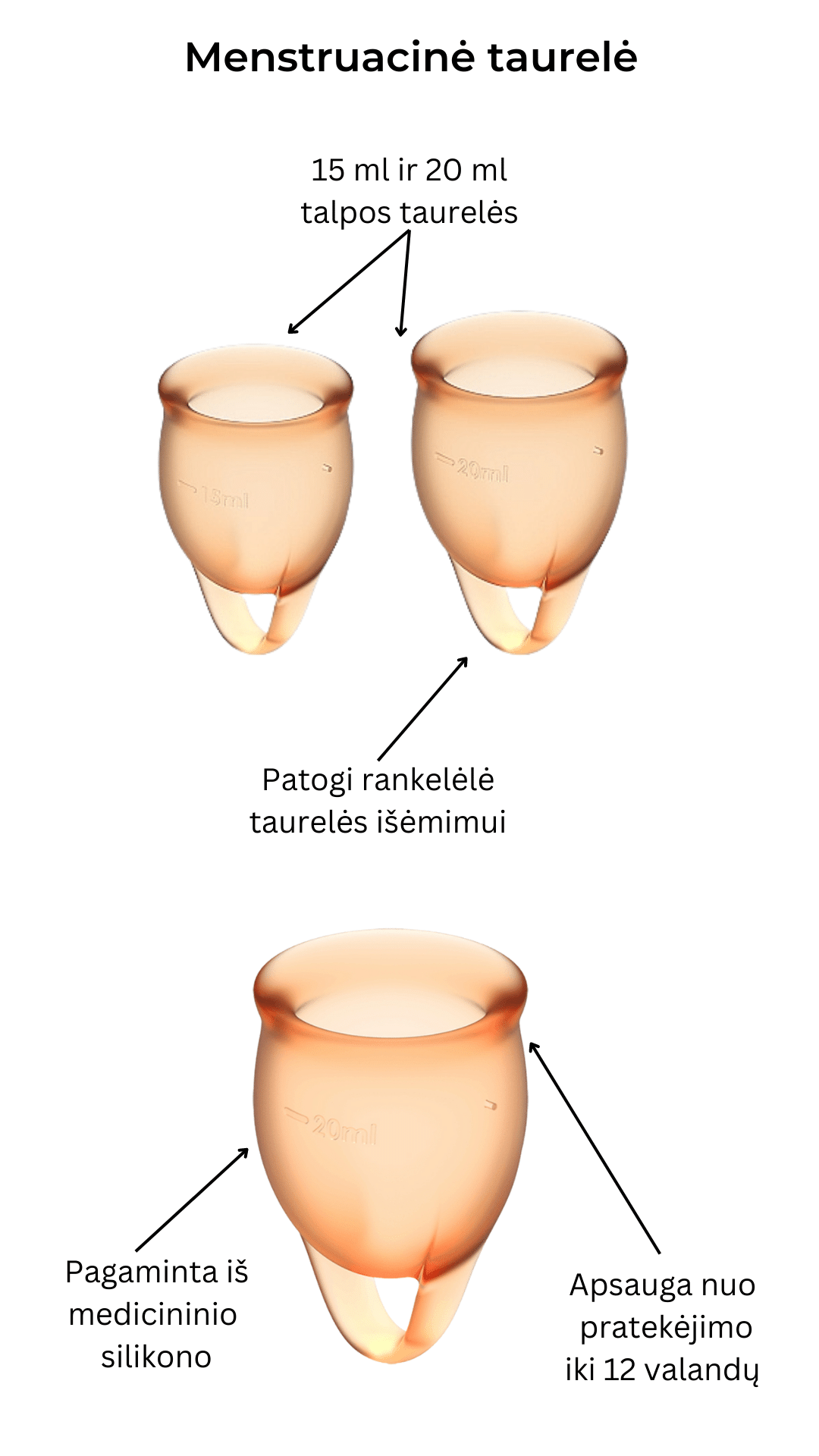 Menstruacinės taurelės Feel Confident - Orange 
Oranžinės menstruacinės taurelės „Feel Confident“ iš „Satisfyer“ yra puiki, ekologiška ir ekonomiška alternatyva tamponams ar higieniniams įklotams. 
Rinkinyje yra dvi skirtingo tūrio, iš medicininio ir kūnui saugaus silikono pagamintos taurelės, kurias paprasta įsidėti. 
Šios higieniškos, medicininės silikoninės ir lengvai įdedamos menstruacinės taurelės, pasižyminčios žaismingu dizainu, susideda iš dviejų dalių. 15 ml  ir 20 ml talpos, todėl tinka lengvesnėms ir sunkesnėms dienoms. 
Kilpa gale skirta tam, kad taurelę būtų patogu ištraukti. 
Menstruacijų pradžioje galite rinktis 20 ml talpos taurelę, o pabaigoje – 15 ml. 
Kodėl rinktis menstruacinę taurelę? 
Jokio nemalonaus kvapo ir baimės, kad neturite susavimi įklotų! Su menstruacine taurele galite laisvai sportuoti, maudytis, miegoti ar bėgioti. 
Tai yra ekologiška alternatyva, kuri padeda saugoti planetą. 
Sutaupysite! Menstruacinė taurelė gali tarnauti kelis metus, todėl tai yra ekonomiška alternatyva su kuria sutaupysite iki 90% išlaidų, kurias skiriate įklotams ir tamponams. 
Jokio pratekėjimo iki 12 valandų! Menstruacinę taurelę galite įsidėti ryte, o išsiimti ir ištuštinti tik vakare.  
Kas gali naudoti menstruacinę taurelę? 
Daugiau ir mažiau kraujuojančios.  
Gimdžiusios ir negimdžiusios moterys.  
Moterys, neturėjusios lytinių santykių.  
Ar taurelė nepratekės? 
Tam, kad menstruacinė taurelė nepratekėtų, ji turi tinkamai išsiskleisti viduje. Tam, kad įsitikintumėte, jog taurelė tinkamai atsidarė, galite su pirštu perbraukti per kraštelį ir patikrinti, ar nesusiformavo raukšlės. Jei taurelė teisingai atsidarė, bus susidaręs vakuumas.  
Taurelė gali pratekėti, jei mėnesinės yra itin gausios, kad to nenutiktų – turite stebėti mėnesinių gausą ir rekomenduojama dažniau ištuštinti taurelę, kol suprasite kas kiek valandų jums reikia ją tuštinti ir atrasite tavo ritmą.  
Kaip ištuštinti taurelę? 
Taurelę rekomenduojama ištuštinti kas 12 valandų ar dažniau, jei kraujuojate gausiau. Ištuštinus taurelę ją nuplaukite po tekančiu vandeniu ir dezinfekuokite.  
Kaip įsidėti menstruacinę taurelę? 
Prieš naudojant menstruacinę taurelę, ją reikia pavirti 3-5 minutes vandenyje.  
Nusiplaukite rankas ir atsisėdusi ant unitazo praskėskite kojas. 
Spustelkite rodomuoju pirštu per vienos taurelės briaunos vidurį (taurelė bus U formos).  
Lengvai stumiant, įdėkite taurelę į makštį. 
Kaip išimti menstruacinę taurelę? 
Taurelę išsitraukti galite timptelėjusios už jos uodegėlės, o kraują išpilkite į unitazą. Taurelę praplaukite ir galite ją naudoti vėl. Pasibaigus mėnesinėms, taurelę pavirkite vandenyje.  
Šlapinantis ar tuštinantis taurelės išsiimti nereikia.