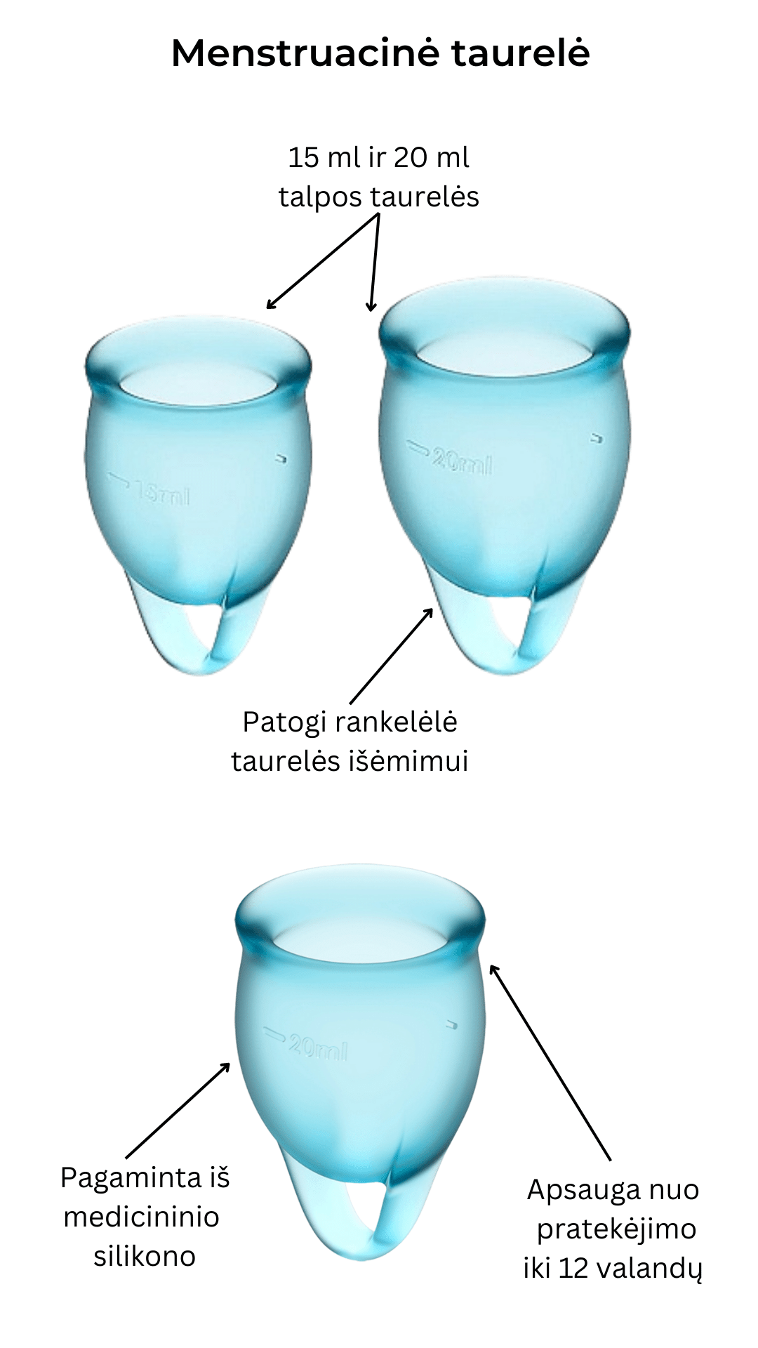 Menstruacinės taurelės Feel Confident - Light blue 
Mėlynos menstruacinės taurelės „Feel Confident“ iš „Satisfyer“ yra puiki, ekologiška ir ekonomiška alternatyva tamponams ar higieniniams įklotams. 
Šios higieniškos, medicininės silikoninės ir lengvai įdedamos menstruacinės taurelės, pasižyminčios žaismingu dizainu, susideda iš dviejų dalių. 15 ml  ir 20 ml talpos, todėl tinka lengvesnėms ir sunkesnėms dienoms. 
Kilpa gale skirta tam, kad taurelę būtų patogu ištraukti. 
Menstruacijų pradžioje galite rinktis 20 ml talpos taurelę, o pabaigoje – 15 ml. 
Kodėl rinktis menstruacinę taurelę? 
Jokio nemalonaus kvapo ir baimės, kad neturite susavimi įklotų! Su menstruacine taurele galite laisvai sportuoti, maudytis, miegoti ar bėgioti. 
Tai yra ekologiška alternatyva, kuri padeda saugoti planetą. 
Sutaupysite! Menstruacinė taurelė gali tarnauti kelis metus, todėl tai yra ekonomiška alternatyva su kuria sutaupysite iki 90% išlaidų, kurias skiriate įklotams ir tamponams. 
Jokio pratekėjimo iki 12 valandų! Menstruacinę taurelę galite įsidėti ryte, o išsiimti ir ištuštinti tik vakare.  
Kas gali naudoti menstruacinę taurelę? 
Daugiau ir mažiau kraujuojančios.  
Gimdžiusios ir negimdžiusios moterys.  
Moterys, neturėjusios lytinių santykių.  
Ar taurelė nepratekės? 
Tam, kad menstruacinė taurelė nepratekėtų, ji turi tinkamai išsiskleisti viduje. Tam, kad įsitikintumėte, jog taurelė tinkamai atsidarė, galite su pirštu perbraukti per kraštelį ir patikrinti, ar nesusiformavo raukšlės. Jei taurelė teisingai atsidarė, bus susidaręs vakuumas.  
Taurelė gali pratekėti, jei mėnesinės yra itin gausios, kad to nenutiktų – turite stebėti mėnesinių gausą ir rekomenduojama dažniau ištuštinti taurelę, kol suprasite kas kiek valandų jums reikia ją tuštinti ir atrasite tavo ritmą.  
Kaip ištuštinti taurelę? 
Taurelę rekomenduojama ištuštinti kas 12 valandų ar dažniau, jei kraujuojate gausiau. Ištuštinus taurelę ją nuplaukite po tekančiu vandeniu ir dezinfekuokite.  
Kaip įsidėti menstruacinę taurelę? 
Prieš naudojant menstruacinę taurelę, ją reikia pavirti 3-5 minutes vandenyje.  
Nusiplaukite rankas ir atsisėdusi ant unitazo praskėskite kojas. 
Spustelkite rodomuoju pirštu per vienos taurelės briaunos vidurį (taurelė bus U formos).  
Lengvai stumiant, įdėkite taurelę į makštį. 
Kaip išimti menstruacinę taurelę? 
Taurelę išsitraukti galite timptelėjusios už jos uodegėlės, o kraują išpilkite į unitazą. Taurelę praplaukite ir galite ją naudoti vėl. Pasibaigus mėnesinėms, taurelę pavirkite vandenyje.  
Šlapinantis ar tuštinantis taurelės išsiimti nereikia.