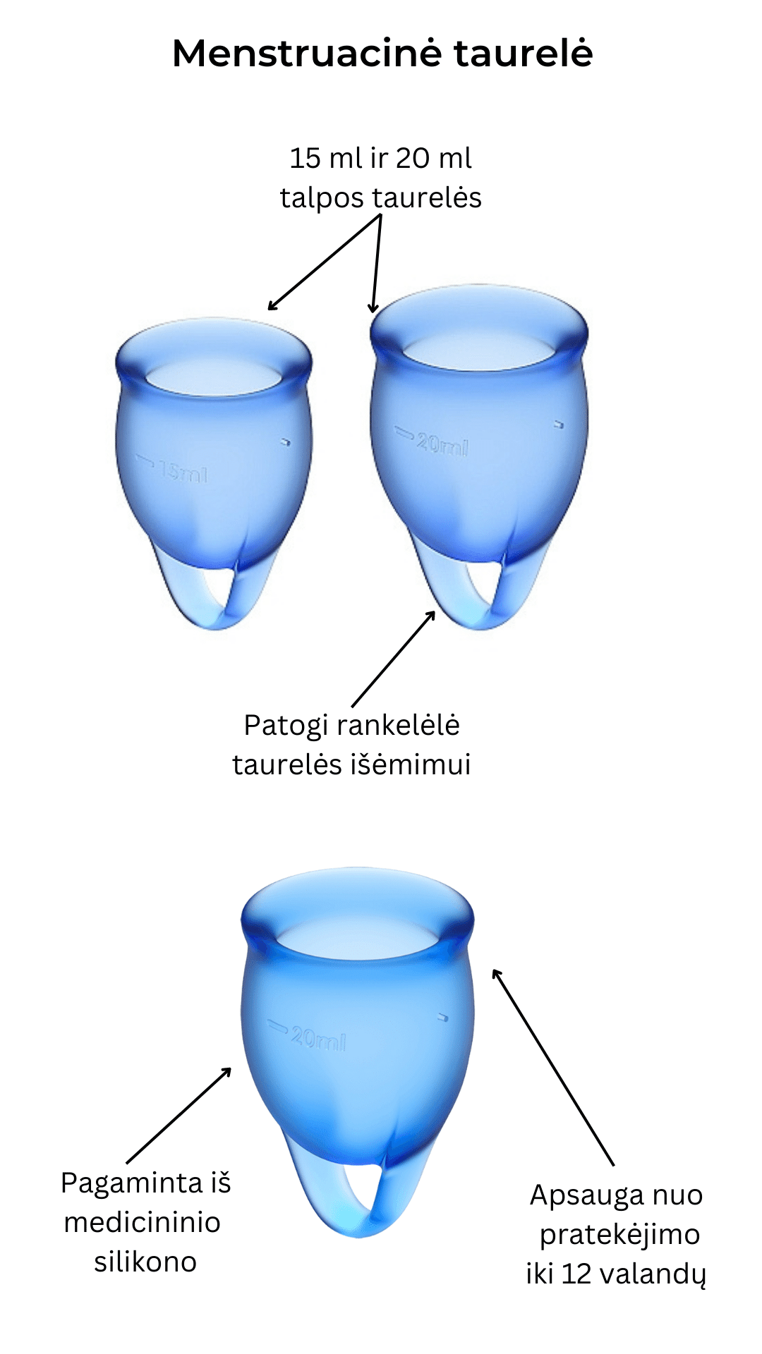 Menstruacinės taurelės Feel Confident - Dark blue 
 
Mėlynos menstruacinės taurelės „Feel Confident“ iš „Satisfyer“ yra puiki, ekologiška ir ekonomiška alternatyva tamponams ar higieniniams įklotams. 
Rinkinyje yra dvi skirtingo tūrio, iš medicininio ir kūnui saugaus silikono pagamintos taurelės, kurias paprasta įsidėti. 
Šios higieniškos, medicininės silikoninės ir lengvai įdedamos menstruacinės taurelės, pasižyminčios žaismingu dizainu, susideda iš dviejų dalių. 15 ml  ir 20 ml talpos, todėl tinka lengvesnėms ir sunkesnėms dienoms. 
Kilpa gale skirta tam, kad taurelę būtų patogu ištraukti. 
Menstruacijų pradžioje galite rinktis 20 ml talpos taurelę, o pabaigoje – 15 ml. 
Kodėl rinktis menstruacinę taurelę?  
Jokio nemalonaus kvapo ir baimės, kad neturite susavimi įklotų! Su menstruacine taurele galite laisvai sportuoti, maudytis, miegoti ar bėgioti. 
Tai yra ekologiška alternatyva, kuri padeda saugoti planetą. 
Sutaupysite! Menstruacinė taurelė gali tarnauti kelis metus, todėl tai yra ekonomiška alternatyva su kuria sutaupysite iki 90% išlaidų, kurias skiriate įklotams ir tamponams. 
Jokio pratekėjimo iki 12 valandų! Menstruacinę taurelę galite įsidėti ryte, o išsiimti ir ištuštinti tik vakare.  
  
Kas gali naudoti menstruacinę taurelę?  
Daugiau ir mažiau kraujuojančios.  
Gimdžiusios ir negimdžiusios moterys.  
Moterys, neturėjusios lytinių santykių.  
  
Ar taurelė nepratekės?  
Tam, kad menstruacinė taurelė nepratekėtų, ji turi tinkamai išsiskleisti viduje. Tam, kad įsitikintumėte, jog taurelė tinkamai atsidarė, galite su pirštu perbraukti per kraštelį ir patikrinti, ar nesusiformavo raukšlės. Jei taurelė teisingai atsidarė, bus susidaręs vakuumas.  
Taurelė gali pratekėti, jei mėnesinės yra itin gausios, kad to nenutiktų – turite stebėti mėnesinių gausą ir rekomenduojama dažniau ištuštinti taurelę, kol suprasite kas kiek valandų jums reikia ją tuštinti ir atrasite tavo ritmą.  
  
Kaip ištuštinti taurelę?  
Taurelę rekomenduojama ištuštinti kas 12 valandų ar dažniau, jei kraujuojate gausiau. Ištuštinus taurelę ją nuplaukite po tekančiu vandeniu ir dezinfekuokite.  
  
Kaip įsidėti menstruacinę taurelę?  
Prieš naudojant menstruacinę taurelę, ją reikia pavirti 3-5 minutes vandenyje.  
Nusiplaukite rankas ir atsisėdusi ant unitazo praskėskite kojas. 
Spustelkite rodomuoju pirštu per vienos taurelės briaunos vidurį (taurelė bus U formos).  
Lengvai stumiant, įdėkite taurelę į makštį. 
  
Kaip išimti menstruacinę taurelę?  
Taurelę išsitraukti galite timptelėjusios už jos uodegėlės, o kraują išpilkite į unitazą. Taurelę praplaukite ir galite ją naudoti vėl. Pasibaigus mėnesinėms, taurelę pavirkite vandenyje.  
  
Šlapinantis ar tuštinantis taurelės išsiimti nereikia.  
 