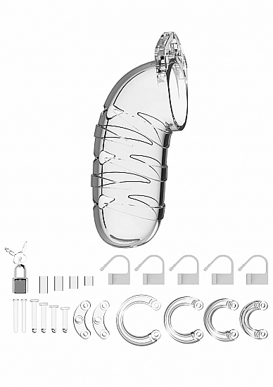 Penio narvas Chastity Cage Nr. 5 - Transparent 
Žaislas, kuris Jūsų  BDSM  žaidimus pavers dar įdomesnius. Suvaržykite savo partnerį su Penio narvu. Jūs nuspresite, kada jį išlaisvinsite. 
Pagamintas iš aukštos kokybės gamyboje  naudojamos medžiagos. Dizainas sukurtas taip jog žaislas nesimatytų per dėvimus rūbus. 
Penio narvas nukreipia penį žemyn, taigi pasiekti erekciją dėvint jį yra neįmanoma, arba tai kels diskomfortą. 
Juodos spalvos narvas yra su ertmėmis šonuose leidžia odai kvėpuoti bei, kaip ir kiti „Man Cage“ gaminiai, turi ertmę, leidžiančią nusišlapinti jo nenusiėmus. 
 Jūs galite rinktis ir naudoti metalinę spyną, o užsegus plastikinėmis spynelėmis drąsiai žengti pro metalo detektorius. 
Narvo naudojimas reikalauja žinių ir atsargumo. Nepameskite rakto ir jei pajusite skausmą nedelsiant narvą nuimkite.  
  Po naudojimo žaislą nuplaukite švelniu muilu ir vandeniu arba išbandykite žaislų valiklį, kad išvalytumėte dar greičiau. Leiskite išdžiūti ir laikykite švarioje, atskiroje vietoje.
