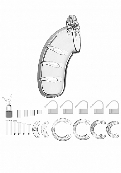 Penio narvas Chastity Cage Nr. 3 - Transparent 
Penio narvas „Chastity Cage Nr. 18“ iš išskirtininės  vyriškos BDSM kolekcijos „Man Cage“  yra pagamintas iš labai lengvo ir patvaraus polikarbonato plastiko , labai lengvos, patvarios ir hipoalerginės medžiagos. 
15 cm ilgio narvą sudaro 3 dalys , kurios padės jį pritaikyti, kad tiktų būtent Jums. 
Įvairių dydžių žiedų įvairovė  leis jums sukurti tobulai tinkantį  dydį! 
Žiedai patogiai priglunda ir yra visiškai saugūs . Metaline spyna galima lengvai užrakinti narvą. 
Komplekte esančios spynos užtikrina, kad jos  nesukels metalo detektorių signalizacijos  vakarėliuose, festivaliuose ar net oro uostuose! 
Kadangi higiena yra labai svarbi nešiojant narvą,  aukščiausios klasės Man|Cage serijoje yra ventiliacijos anga.  
Narvo naudojimas reikalauja žinių ir atsargumo. Nepameskite rakto ir jei pajusite skausmą nedelsiant narvą nuimkite. 
  Po naudojimo žaislą nuplaukite švelniu muilu ir vandeniu arba išbandykite žaislų valiklį, kad išvalytumėte dar greičiau. Leiskite išdžiūti ir laikykite švarioje, atskiroje vietoje.