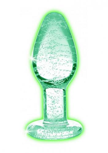 Tamsoje šviečiantis analinis kaištis ,,Glow-In-The-Dark Glass Anal Plug Medium\'\'