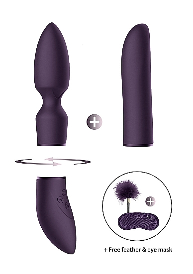 MALONUMŲ RINKINYS – VIOLETINIS VIBRATORIUS SU ĮVAIRIAIS PRIEDAIS 
Šioje dėžutėje rasite intriguojantį malonumų  rinkinį.   
Pagrindas pasižymi 10 greičių varikliu, kuris vibraciją padidins iki 15 000 apsisukimų per minutę - ir visa tai esant mažesniam nei 60 dB triukšmo lygiui. 
Šioje dėžutėje yra  2 keičiami antgaliai:  klitorinis vibratorius ir klasikinis vibratorius 
Tiesiog įkiškite antgalį į pagrindą, pasukite ir žaiskite! Klitoriaus vibratoriaus priedas turi gražią smailą galvutę, kad vis iš naujo pataikytumėte į reikiamą vietą. Klasikinio vibratoriaus priedo pristatinėti nereikia, nes šis galingas įrankis visada pasiruošęs atlikti reikiamą darbą! 
Tiek pagrindas, tiek antgaliai pagaminti iš medicininio šilkinio švelnaus silikono ir ABS. 
 
