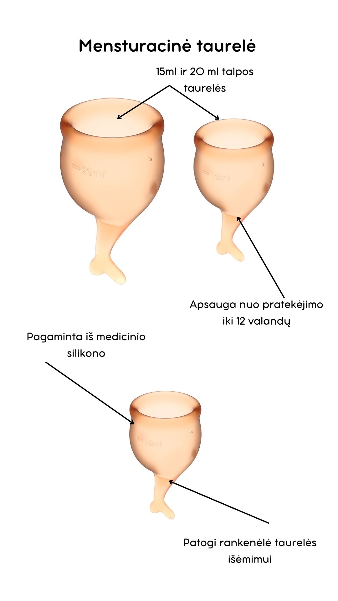 Menstruacinės taurelės Feel Secure - Orange 
Oranžinės spalvos menstruacinės taurelės „Feel Secure“ iš „Satisfyer“ yra puiki, ekologiška ir ekonomiška alternatyva tamponams ar higieniniams įklotams. 
Rinkinyje yra dvi skirtingo tūrio, iš medicininio ir kūnui saugaus silikono pagamintos taurelės, kurias paprasta įsidėti. 
Šios higieniškos, medicininės silikoninės ir lengvai įdedamos menstruacinės taurelės, pasižyminčios žaismingu dizainu, susideda iš dviejų dalių. 15 ml  ir 20 ml talpos, todėl tinka lengvesnėms ir sunkesnėms dienoms. 
Žuvelės formos uodegėlė skirta tam, kad taurelę būtų patogu ištraukti. 
Menstruacijų pradžioje galite rinktis 20 ml talpos taurelę, o pabaigoje – 15 ml. 
  
Kodėl rinktis menstruacinę taurelę? 
Jokio nemalonaus kvapo ir baimės, kad neturite susavimi įklotų! Su menstruacine taurele galite laisvai sportuoti, maudytis, miegoti ar bėgioti. 
Tai yra ekologiška alternatyva, kuri padeda saugoti planetą. 
Sutaupysite! Menstruacinė taurelė gali tarnauti kelis metus, todėl tai yra ekonomiška alternatyva su kuria sutaupysite iki 90% išlaidų, kurias skiriate įklotams ir tamponams. 
Jokio pratekėjimo iki 12 valandų! Menstruacinę taurelę galite įsidėti ryte, o išsiimti ir ištuštinti tik vakare.  
Kas gali naudoti menstruacinę taurelę? 
Daugiau ir mažiau kraujuojančios.  
Gimdžiusios ir negimdžiusios moterys.  
Moterys, neturėjusios lytinių santykių.  
Ar taurelė nepratekės? 
Tam, kad menstruacinė taurelė nepratekėtų, ji turi tinkamai išsiskleisti viduje. Tam, kad įsitikintumėte, jog taurelė tinkamai atsidarė, galite su pirštu perbraukti per kraštelį ir patikrinti, ar nesusiformavo raukšlės. Jei taurelė teisingai atsidarė, bus susidaręs vakuumas.  
Taurelė gali pratekėti, jei mėnesinės yra itin gausios, kad to nenutiktų – turite stebėti mėnesinių gausą ir rekomenduojama dažniau ištuštinti taurelę, kol suprasite kas kiek valandų jums reikia ją tuštinti ir atrasite tavo ritmą.  
Kaip ištuštinti taurelę? 
Taurelę rekomenduojama ištuštinti kas 12 valandų ar dažniau, jei kraujuojate gausiau. Ištuštinus taurelę ją nuplaukite po tekančiu vandeniu ir dezinfekuokite.  
Kaip įsidėti menstruacinę taurelę? 
Prieš naudojant menstruacinę taurelę, ją reikia pavirti 3-5 minutes vandenyje.  
Nusiplaukite rankas ir atsisėdusi ant unitazo praskėskite kojas. 
Spustelkite rodomuoju pirštu per vienos taurelės briaunos vidurį (taurelė bus U formos).  
Lengvai stumiant, įdėkite taurelę į makštį. 
Kaip išimti menstruacinę taurelę? 
Taurelę išsitraukti galite timptelėjusios už jos uodegėlės, o kraują išpilkite į unitazą. Taurelę praplaukite ir galite ją naudoti vėl. Pasibaigus mėnesinėms, taurelę pavirkite vandenyje.  
Šlapinantis ar tuštinantis taurelės išsiimti nereikia.