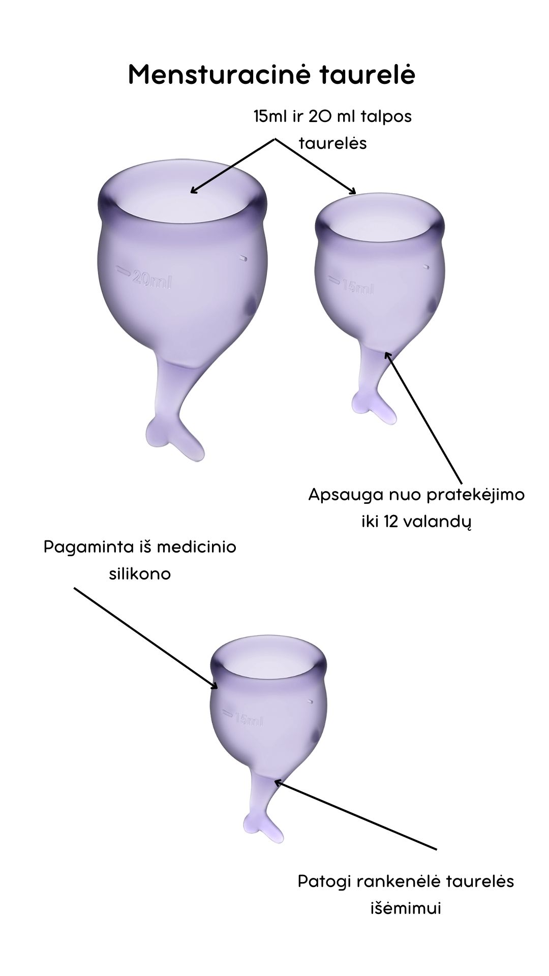 Menstruacinės taurelės Feel Secure - Lilac 
Violetinės spalvos menstruacinės taurelės „Feel Secure“ iš „Satisfyer“ yra puiki, ekologiška ir ekonomiška alternatyva tamponams ar higieniniams įklotams. 
Rinkinyje yra dvi skirtingo tūrio, iš medicininio ir kūnui saugaus silikono pagamintos taurelės, kurias paprasta įsidėti. 
Šios higieniškos, medicininės silikoninės ir lengvai įdedamos menstruacinės taurelės, pasižyminčios žaismingu dizainu, susideda iš dviejų dalių. 15 ml  ir 20 ml talpos, todėl tinka lengvesnėms ir sunkesnėms dienoms. 
Žuvelės formos uodegėlė skirta tam, kad taurelę būtų patogu ištraukti. 
Menstruacijų pradžioje galite rinktis 20 ml talpos taurelę, o pabaigoje – 15 ml. 
  
Kodėl rinktis menstruacinę taurelę? 
Jokio nemalonaus kvapo ir baimės, kad neturite susavimi įklotų! Su menstruacine taurele galite laisvai sportuoti, maudytis, miegoti ar bėgioti. 
Tai yra ekologiška alternatyva, kuri padeda saugoti planetą. 
Sutaupysite! Menstruacinė taurelė gali tarnauti kelis metus, todėl tai yra ekonomiška alternatyva su kuria sutaupysite iki 90% išlaidų, kurias skiriate įklotams ir tamponams. 
Jokio pratekėjimo iki 12 valandų! Menstruacinę taurelę galite įsidėti ryte, o išsiimti ir ištuštinti tik vakare.  
Kas gali naudoti menstruacinę taurelę? 
Daugiau ir mažiau kraujuojančios.  
Gimdžiusios ir negimdžiusios moterys.  
Moterys, neturėjusios lytinių santykių.  
Ar taurelė nepratekės? 
Tam, kad menstruacinė taurelė nepratekėtų, ji turi tinkamai išsiskleisti viduje. Tam, kad įsitikintumėte, jog taurelė tinkamai atsidarė, galite su pirštu perbraukti per kraštelį ir patikrinti, ar nesusiformavo raukšlės. Jei taurelė teisingai atsidarė, bus susidaręs vakuumas.  
Taurelė gali pratekėti, jei mėnesinės yra itin gausios, kad to nenutiktų – turite stebėti mėnesinių gausą ir rekomenduojama dažniau ištuštinti taurelę, kol suprasite kas kiek valandų jums reikia ją tuštinti ir atrasite tavo ritmą.  
Kaip ištuštinti taurelę? 
Taurelę rekomenduojama ištuštinti kas 12 valandų ar dažniau, jei kraujuojate gausiau. Ištuštinus taurelę ją nuplaukite po tekančiu vandeniu ir dezinfekuokite.  
Kaip įsidėti menstruacinę taurelę? 
Prieš naudojant menstruacinę taurelę, ją reikia pavirti 3-5 minutes vandenyje.  
Nusiplaukite rankas ir atsisėdusi ant unitazo praskėskite kojas. 
Spustelkite rodomuoju pirštu per vienos taurelės briaunos vidurį (taurelė bus U formos).  
Lengvai stumiant, įdėkite taurelę į makštį. 
Kaip išimti menstruacinę taurelę? 
Taurelę išsitraukti galite timptelėjusios už jos uodegėlės, o kraują išpilkite į unitazą. Taurelę praplaukite ir galite ją naudoti vėl. Pasibaigus mėnesinėms, taurelę pavirkite vandenyje.  
Šlapinantis ar tuštinantis taurelės išsiimti nereikia