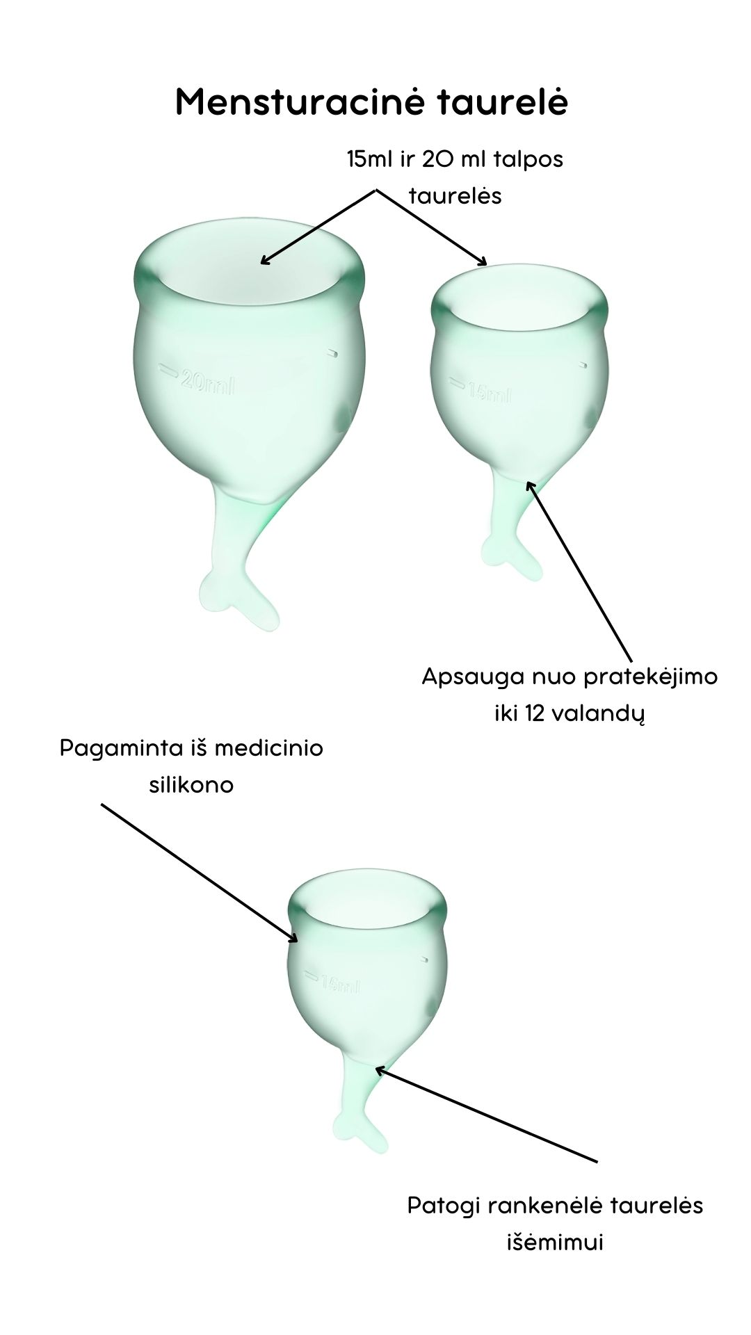 Menstruacinės taurelės Feel Secure - Light green 
Šviesiai žalios spalvos menstruacinės taurelės „Feel Secure“ iš „Satisfyer“ yra puiki, ekologiška ir ekonomiška alternatyva tamponams ar higieniniams įklotams. 
Rinkinyje yra dvi skirtingo tūrio, iš medicininio ir kūnui saugaus silikono pagamintos taurelės, kurias paprasta įsidėti. 
Šios higieniškos, medicininės silikoninės ir lengvai įdedamos menstruacinės taurelės, pasižyminčios žaismingu dizainu, susideda iš dviejų dalių. 15 ml  ir 20 ml talpos, todėl tinka lengvesnėms ir sunkesnėms dienoms. 
Žuvelės formos uodegėlė skirta tam, kad taurelę būtų patogu ištraukti. 
Menstruacijų pradžioje galite rinktis 20 ml talpos taurelę, o pabaigoje – 15 ml. 
  
Kodėl rinktis menstruacinę taurelę? 
Jokio nemalonaus kvapo ir baimės, kad neturite susavimi įklotų! Su menstruacine taurele galite laisvai sportuoti, maudytis, miegoti ar bėgioti. 
Tai yra ekologiška alternatyva, kuri padeda saugoti planetą. 
Sutaupysite! Menstruacinė taurelė gali tarnauti kelis metus, todėl tai yra ekonomiška alternatyva su kuria sutaupysite iki 90% išlaidų, kurias skiriate įklotams ir tamponams. 
Jokio pratekėjimo iki 12 valandų! Menstruacinę taurelę galite įsidėti ryte, o išsiimti ir ištuštinti tik vakare.  
Kas gali naudoti menstruacinę taurelę? 
Daugiau ir mažiau kraujuojančios.  
Gimdžiusios ir negimdžiusios moterys.  
Moterys, neturėjusios lytinių santykių.  
Ar taurelė nepratekės? 
Tam, kad menstruacinė taurelė nepratekėtų, ji turi tinkamai išsiskleisti viduje. Tam, kad įsitikintumėte, jog taurelė tinkamai atsidarė, galite su pirštu perbraukti per kraštelį ir patikrinti, ar nesusiformavo raukšlės. Jei taurelė teisingai atsidarė, bus susidaręs vakuumas.  
Taurelė gali pratekėti, jei mėnesinės yra itin gausios, kad to nenutiktų – turite stebėti mėnesinių gausą ir rekomenduojama dažniau ištuštinti taurelę, kol suprasite kas kiek valandų jums reikia ją tuštinti ir atrasite tavo ritmą.  
Kaip ištuštinti taurelę? 
Taurelę rekomenduojama ištuštinti kas 12 valandų ar dažniau, jei kraujuojate gausiau. Ištuštinus taurelę ją nuplaukite po tekančiu vandeniu ir dezinfekuokite.  
Kaip įsidėti menstruacinę taurelę? 
Prieš naudojant menstruacinę taurelę, ją reikia pavirti 3-5 minutes vandenyje.  
Nusiplaukite rankas ir atsisėdusi ant unitazo praskėskite kojas. 
Spustelkite rodomuoju pirštu per vienos taurelės briaunos vidurį (taurelė bus U formos).  
Lengvai stumiant, įdėkite taurelę į makštį. 
Kaip išimti menstruacinę taurelę? 
Taurelę išsitraukti galite timptelėjusios už jos uodegėlės, o kraują išpilkite į unitazą. Taurelę praplaukite ir galite ją naudoti vėl. Pasibaigus mėnesinėms, taurelę pavirkite vandenyje.  
Šlapinantis ar tuštinantis taurelės išsiimti nereikia.