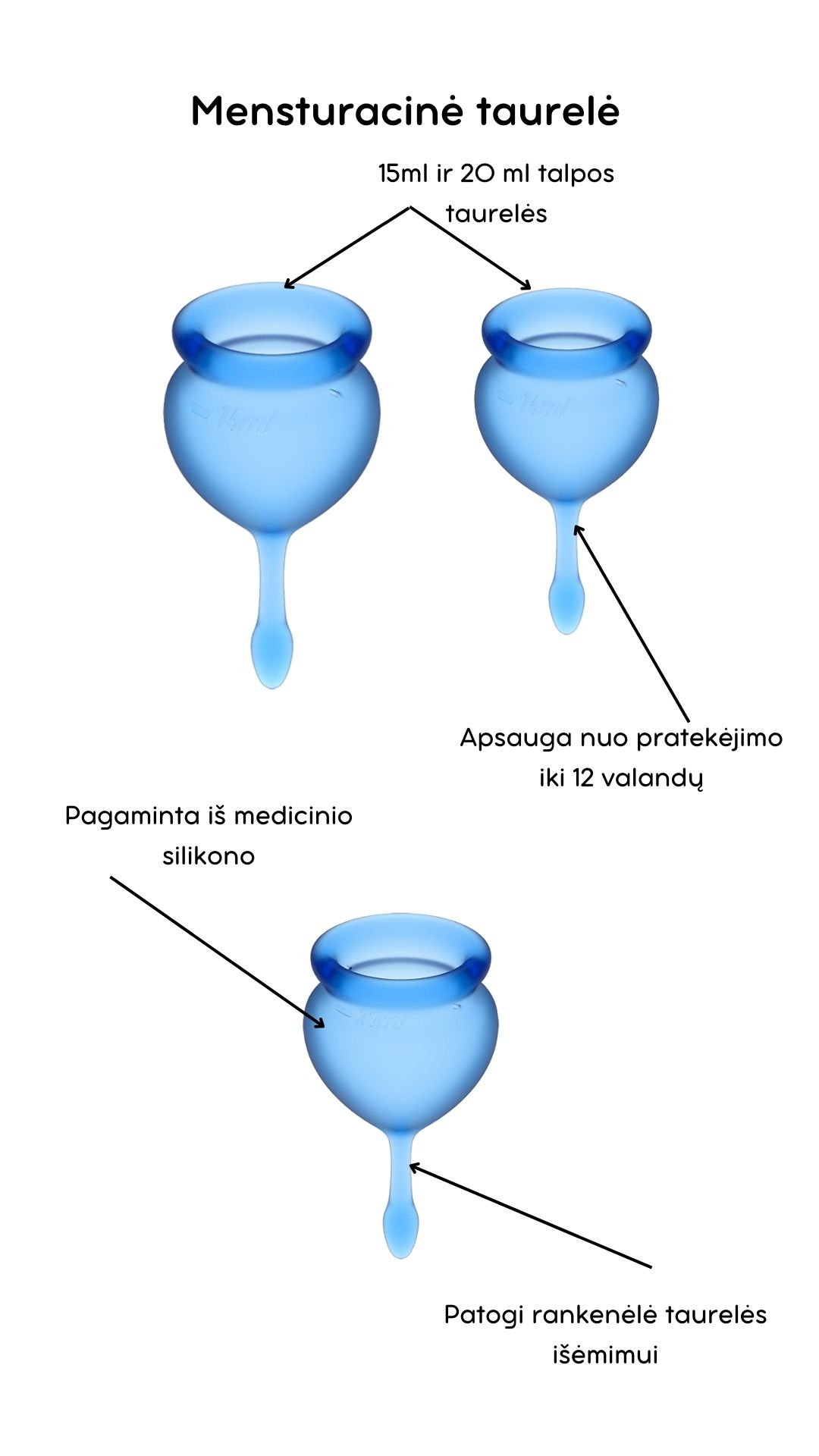 Menstruacinės taurelės Feel Good - Dark blue 
Mėlynos spalvos menstruacinės taurelės „Feel Good“ iš „Satisfyer“ yra puiki, ekologiška ir ekonomiška alternatyva tamponams ar higieniniams įklotams. 
Rinkinyje yra dvi skirtingo tūrio, iš medicininio ir kūnui saugaus silikono pagamintos taurelės, kurias paprasta įsidėti. 
Šios higieniškos, medicininės silikoninės ir lengvai įdedamos menstruacinės taurelės, pasižyminčios žaismingu dizainu, susideda iš dviejų dalių. 15 ml  ir 20 ml talpos, todėl tinka lengvesnėms ir sunkesnėms dienoms. 
Pailgas galiukas skirtas tam, kad taurelę būtų patogu ištraukti. 
Menstruacijų pradžioje galite rinktis 20 ml talpos taurelę, o pabaigoje – 15 ml. 
  
Kodėl rinktis menstruacinę taurelę? 
Jokio nemalonaus kvapo ir baimės, kad neturite susavimi įklotų! Su menstruacine taurele galite laisvai sportuoti, maudytis, miegoti ar bėgioti. 
Tai yra ekologiška alternatyva, kuri padeda saugoti planetą. 
Sutaupysite! Menstruacinė taurelė gali tarnauti kelis metus, todėl tai yra ekonomiška alternatyva su kuria sutaupysite iki 90% išlaidų, kurias skiriate įklotams ir tamponams. 
Jokio pratekėjimo iki 12 valandų! Menstruacinę taurelę galite įsidėti ryte, o išsiimti ir ištuštinti tik vakare.  
Kas gali naudoti menstruacinę taurelę? 
Daugiau ir mažiau kraujuojančios.  
Gimdžiusios ir negimdžiusios moterys.  
Moterys, neturėjusios lytinių santykių.  
Ar taurelė nepratekės? 
Tam, kad menstruacinė taurelė nepratekėtų, ji turi tinkamai išsiskleisti viduje. Tam, kad įsitikintumėte, jog taurelė tinkamai atsidarė, galite su pirštu perbraukti per kraštelį ir patikrinti, ar nesusiformavo raukšlės. Jei taurelė teisingai atsidarė, bus susidaręs vakuumas.  
Taurelė gali pratekėti, jei mėnesinės yra itin gausios, kad to nenutiktų – turite stebėti mėnesinių gausą ir rekomenduojama dažniau ištuštinti taurelę, kol suprasite kas kiek valandų jums reikia ją tuštinti ir atrasite tavo ritmą.  
Kaip ištuštinti taurelę? 
Taurelę rekomenduojama ištuštinti kas 12 valandų ar dažniau, jei kraujuojate gausiau. Ištuštinus taurelę ją nuplaukite po tekančiu vandeniu ir dezinfekuokite.  
Kaip įsidėti menstruacinę taurelę? 
Prieš naudojant menstruacinę taurelę, ją reikia pavirti 3-5 minutes vandenyje.  
Nusiplaukite rankas ir atsisėdusi ant unitazo praskėskite kojas. 
Spustelkite rodomuoju pirštu per vienos taurelės briaunos vidurį (taurelė bus U formos).  
Lengvai stumiant, įdėkite taurelę į makštį. 
Kaip išimti menstruacinę taurelę? 
Taurelę išsitraukti galite timptelėjusios už jos uodegėlės, o kraują išpilkite į unitazą. Taurelę praplaukite ir galite ją naudoti vėl. Pasibaigus mėnesinėms, taurelę pavirkite vandenyje.  
Šlapinantis ar tuštinantis taurelės išsiimti nereikia.