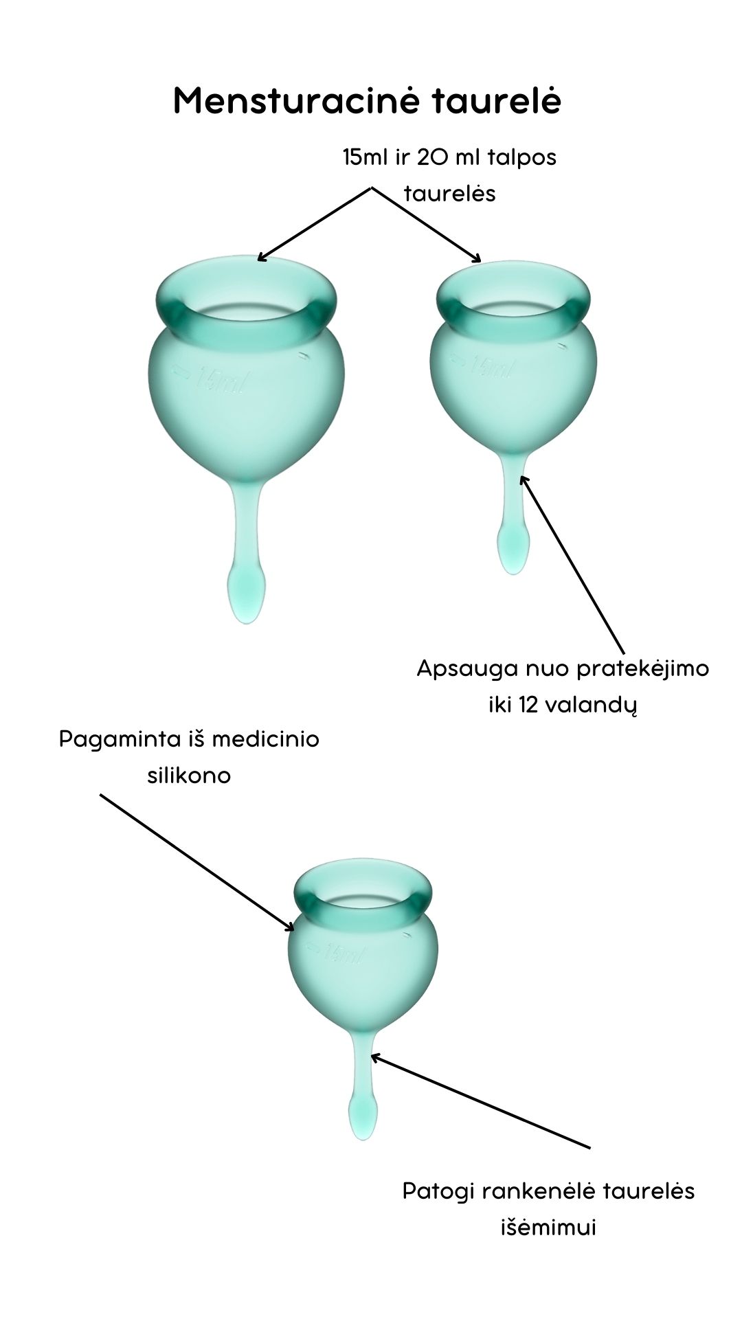 Menstruacinės taurelės Feel Good - Dark green 
Žalios spalvos menstruacinės taurelės „Feel Good“ iš „Satisfyer“ yra puiki, ekologiška ir ekonomiška alternatyva tamponams ar higieniniams įklotams. 
Rinkinyje yra dvi skirtingo tūrio, iš medicininio ir kūnui saugaus silikono pagamintos taurelės, kurias paprasta įsidėti. 
Šios higieniškos, medicininės silikoninės ir lengvai įdedamos menstruacinės taurelės, pasižyminčios žaismingu dizainu, susideda iš dviejų dalių. 15 ml  ir 20 ml talpos, todėl tinka lengvesnėms ir sunkesnėms dienoms. 
Pailgas galiukas skirtas tam, kad taurelę būtų patogu ištraukti. 
Menstruacijų pradžioje galite rinktis 20 ml talpos taurelę, o pabaigoje – 15 ml. 
  
Kodėl rinktis menstruacinę taurelę? 
Jokio nemalonaus kvapo ir baimės, kad neturite susavimi įklotų! Su menstruacine taurele galite laisvai sportuoti, maudytis, miegoti ar bėgioti. 
Tai yra ekologiška alternatyva, kuri padeda saugoti planetą. 
Sutaupysite! Menstruacinė taurelė gali tarnauti kelis metus, todėl tai yra ekonomiška alternatyva su kuria sutaupysite iki 90% išlaidų, kurias skiriate įklotams ir tamponams. 
Jokio pratekėjimo iki 12 valandų! Menstruacinę taurelę galite įsidėti ryte, o išsiimti ir ištuštinti tik vakare.  
Kas gali naudoti menstruacinę taurelę? 
Daugiau ir mažiau kraujuojančios.  
Gimdžiusios ir negimdžiusios moterys.  
Moterys, neturėjusios lytinių santykių.  
Ar taurelė nepratekės? 
Tam, kad menstruacinė taurelė nepratekėtų, ji turi tinkamai išsiskleisti viduje. Tam, kad įsitikintumėte, jog taurelė tinkamai atsidarė, galite su pirštu perbraukti per kraštelį ir patikrinti, ar nesusiformavo raukšlės. Jei taurelė teisingai atsidarė, bus susidaręs vakuumas.  
Taurelė gali pratekėti, jei mėnesinės yra itin gausios, kad to nenutiktų – turite stebėti mėnesinių gausą ir rekomenduojama dažniau ištuštinti taurelę, kol suprasite kas kiek valandų jums reikia ją tuštinti ir atrasite tavo ritmą.  
Kaip ištuštinti taurelę? 
Taurelę rekomenduojama ištuštinti kas 12 valandų ar dažniau, jei kraujuojate gausiau. Ištuštinus taurelę ją nuplaukite po tekančiu vandeniu ir dezinfekuokite.  
Kaip įsidėti menstruacinę taurelę? 
Prieš naudojant menstruacinę taurelę, ją reikia pavirti 3-5 minutes vandenyje.  
Nusiplaukite rankas ir atsisėdusi ant unitazo praskėskite kojas. 
Spustelkite rodomuoju pirštu per vienos taurelės briaunos vidurį (taurelė bus U formos).  
Lengvai stumiant, įdėkite taurelę į makštį. 
Kaip išimti menstruacinę taurelę? 
Taurelę išsitraukti galite timptelėjusios už jos uodegėlės, o kraują išpilkite į unitazą. Taurelę praplaukite ir galite ją naudoti vėl. Pasibaigus mėnesinėms, taurelę pavirkite vandenyje.  
Šlapinantis ar tuštinantis taurelės išsiimti nereikia.