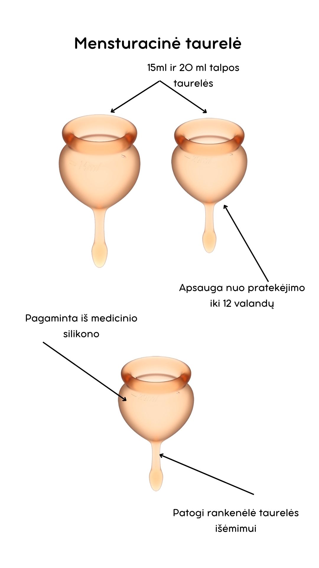 Menstruacinės taurelės Feel Good - Orange 
Oranžinės spalvos menstruacinės taurelės „Feel Good“ iš „Satisfyer“ yra puiki, ekologiška ir ekonomiška alternatyva tamponams ar higieniniams įklotams. 
Rinkinyje yra dvi skirtingo tūrio, iš medicininio ir kūnui saugaus silikono pagamintos taurelės, kurias paprasta įsidėti. 
Šios higieniškos, medicininės silikoninės ir lengvai įdedamos menstruacinės taurelės, pasižyminčios žaismingu dizainu, susideda iš dviejų dalių. 15 ml  ir 20 ml talpos, todėl tinka lengvesnėms ir sunkesnėms dienoms. 
Pailgas galiukas skirtas tam, kad taurelę būtų patogu ištraukti. 
Menstruacijų pradžioje galite rinktis 20 ml talpos taurelę, o pabaigoje – 15 ml. 
  
Kodėl rinktis menstruacinę taurelę? 
Jokio nemalonaus kvapo ir baimės, kad neturite susavimi įklotų! Su menstruacine taurele galite laisvai sportuoti, maudytis, miegoti ar bėgioti. 
Tai yra ekologiška alternatyva, kuri padeda saugoti planetą. 
Sutaupysite! Menstruacinė taurelė gali tarnauti kelis metus, todėl tai yra ekonomiška alternatyva su kuria sutaupysite iki 90% išlaidų, kurias skiriate įklotams ir tamponams. 
Jokio pratekėjimo iki 12 valandų! Menstruacinę taurelę galite įsidėti ryte, o išsiimti ir ištuštinti tik vakare.  
Kas gali naudoti menstruacinę taurelę? 
Daugiau ir mažiau kraujuojančios.  
Gimdžiusios ir negimdžiusios moterys.  
Moterys, neturėjusios lytinių santykių.  
Ar taurelė nepratekės? 
Tam, kad menstruacinė taurelė nepratekėtų, ji turi tinkamai išsiskleisti viduje. Tam, kad įsitikintumėte, jog taurelė tinkamai atsidarė, galite su pirštu perbraukti per kraštelį ir patikrinti, ar nesusiformavo raukšlės. Jei taurelė teisingai atsidarė, bus susidaręs vakuumas.  
Taurelė gali pratekėti, jei mėnesinės yra itin gausios, kad to nenutiktų – turite stebėti mėnesinių gausą ir rekomenduojama dažniau ištuštinti taurelę, kol suprasite kas kiek valandų jums reikia ją tuštinti ir atrasite tavo ritmą.  
Kaip ištuštinti taurelę? 
Taurelę rekomenduojama ištuštinti kas 12 valandų ar dažniau, jei kraujuojate gausiau. Ištuštinus taurelę ją nuplaukite po tekančiu vandeniu ir dezinfekuokite.  
Kaip įsidėti menstruacinę taurelę? 
Prieš naudojant menstruacinę taurelę, ją reikia pavirti 3-5 minutes vandenyje.  
Nusiplaukite rankas ir atsisėdusi ant unitazo praskėskite kojas. 
Spustelkite rodomuoju pirštu per vienos taurelės briaunos vidurį (taurelė bus U formos).  
Lengvai stumiant, įdėkite taurelę į makštį. 
Kaip išimti menstruacinę taurelę? 
Taurelę išsitraukti galite timptelėjusios už jos uodegėlės, o kraują išpilkite į unitazą. Taurelę praplaukite ir galite ją naudoti vėl. Pasibaigus mėnesinėms, taurelę pavirkite vandenyje.  
Šlapinantis ar tuštinantis taurelės išsiimti nereikia.