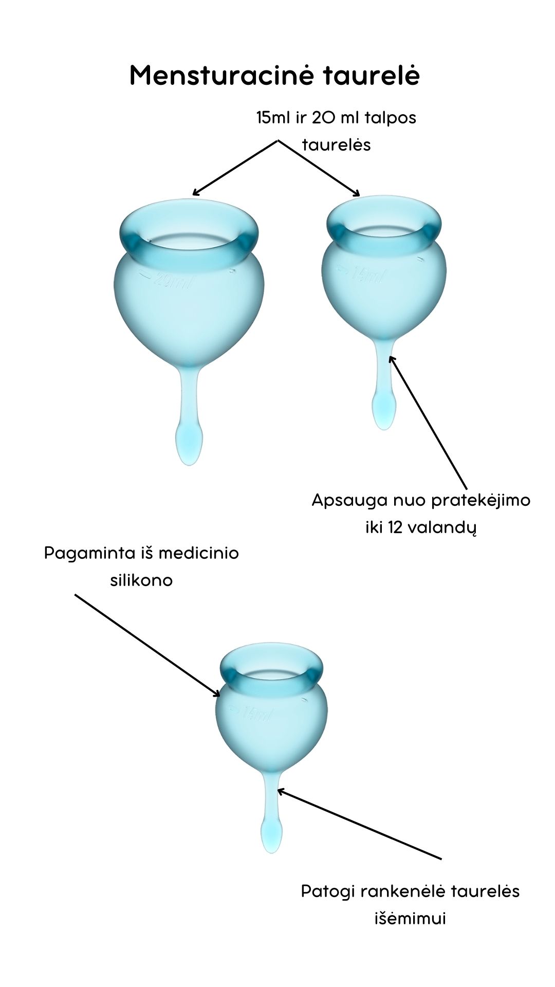 Menstruacinės taurelės Feel Good - Light blue 
Šviesiai mėlynos spalvos menstruacinės taurelės „Feel Good“ iš „Satisfyer“ yra puiki, ekologiška ir ekonomiška alternatyva tamponams ar higieniniams įklotams. 
Rinkinyje yra dvi skirtingo tūrio, iš medicininio ir kūnui saugaus silikono pagamintos taurelės, kurias paprasta įsidėti. 
Šios higieniškos, medicininės silikoninės ir lengvai įdedamos menstruacinės taurelės, pasižyminčios žaismingu dizainu, susideda iš dviejų dalių. 15 ml  ir 20 ml talpos, todėl tinka lengvesnėms ir sunkesnėms dienoms. 
Pailgas galiukas skirtas tam, kad taurelę būtų patogu ištraukti. 
Menstruacijų pradžioje galite rinktis 20 ml talpos taurelę, o pabaigoje – 15 ml. 
  
Kodėl rinktis menstruacinę taurelę? 
Jokio nemalonaus kvapo ir baimės, kad neturite susavimi įklotų! Su menstruacine taurele galite laisvai sportuoti, maudytis, miegoti ar bėgioti. 
Tai yra ekologiška alternatyva, kuri padeda saugoti planetą. 
Sutaupysite! Menstruacinė taurelė gali tarnauti kelis metus, todėl tai yra ekonomiška alternatyva su kuria sutaupysite iki 90% išlaidų, kurias skiriate įklotams ir tamponams. 
Jokio pratekėjimo iki 12 valandų! Menstruacinę taurelę galite įsidėti ryte, o išsiimti ir ištuštinti tik vakare.  
Kas gali naudoti menstruacinę taurelę? 
Daugiau ir mažiau kraujuojančios.  
Gimdžiusios ir negimdžiusios moterys.  
Moterys, neturėjusios lytinių santykių.  
Ar taurelė nepratekės? 
Tam, kad menstruacinė taurelė nepratekėtų, ji turi tinkamai išsiskleisti viduje. Tam, kad įsitikintumėte, jog taurelė tinkamai atsidarė, galite su pirštu perbraukti per kraštelį ir patikrinti, ar nesusiformavo raukšlės. Jei taurelė teisingai atsidarė, bus susidaręs vakuumas.  
Taurelė gali pratekėti, jei mėnesinės yra itin gausios, kad to nenutiktų – turite stebėti mėnesinių gausą ir rekomenduojama dažniau ištuštinti taurelę, kol suprasite kas kiek valandų jums reikia ją tuštinti ir atrasite tavo ritmą.  
Kaip ištuštinti taurelę? 
Taurelę rekomenduojama ištuštinti kas 12 valandų ar dažniau, jei kraujuojate gausiau. Ištuštinus taurelę ją nuplaukite po tekančiu vandeniu ir dezinfekuokite.  
Kaip įsidėti menstruacinę taurelę? 
Prieš naudojant menstruacinę taurelę, ją reikia pavirti 3-5 minutes vandenyje.  
Nusiplaukite rankas ir atsisėdusi ant unitazo praskėskite kojas. 
Spustelkite rodomuoju pirštu per vienos taurelės briaunos vidurį (taurelė bus U formos).  
Lengvai stumiant, įdėkite taurelę į makštį. 
Kaip išimti menstruacinę taurelę? 
Taurelę išsitraukti galite timptelėjusios už jos uodegėlės, o kraują išpilkite į unitazą. Taurelę praplaukite ir galite ją naudoti vėl. Pasibaigus mėnesinėms, taurelę pavirkite vandenyje.  
Šlapinantis ar tuštinantis taurelės išsiimti nereikia.