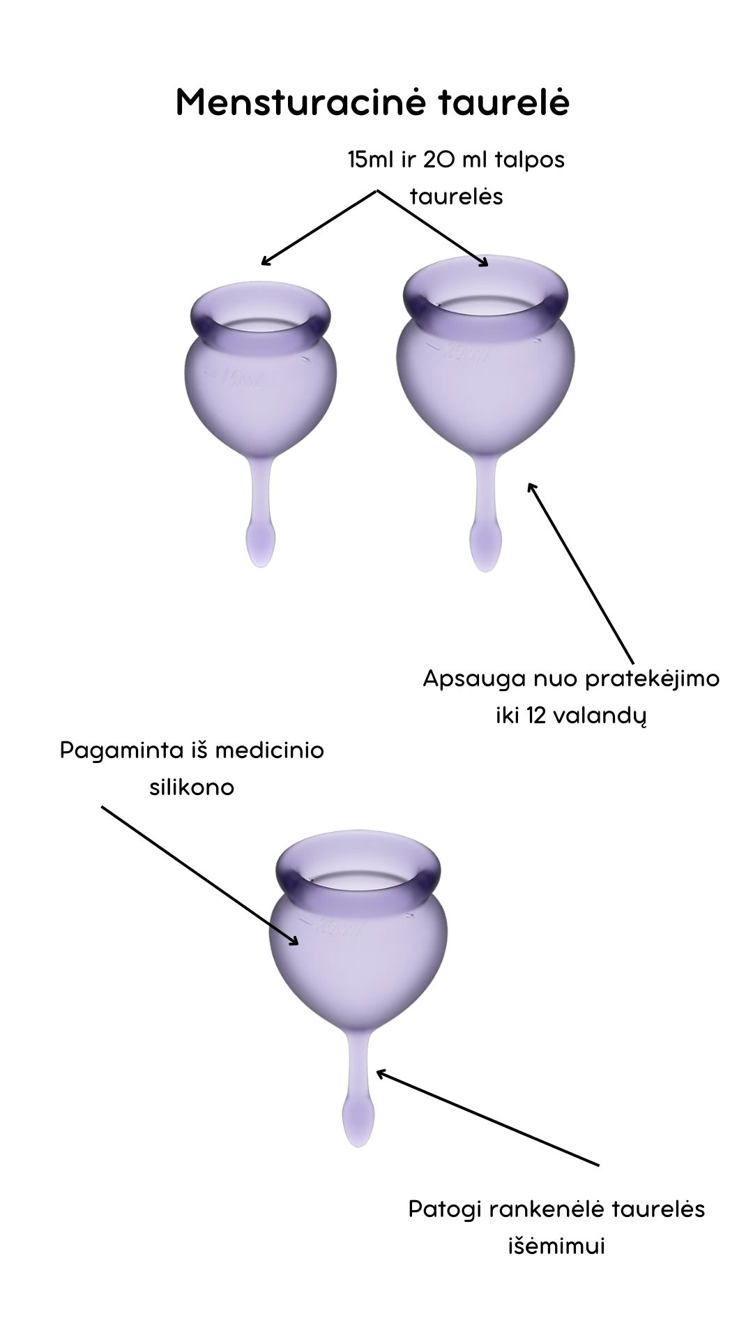 Menstruacinės taurelės Feel Good - Lilac  
  
Violetinės menstruacinės taurelės „Feel Good“ iš „Satisfyer“ yra puiki, ekologiška ir ekonomiška alternatyva tamponams ar higieniniams įklotams. 
Rinkinyje yra dvi skirtingo tūrio, iš medicininio ir kūnui saugaus silikono pagamintos taurelės, kurias paprasta įsidėti. 
Šios higieniškos, medicininės silikoninės ir lengvai įdedamos menstruacinės taurelės, pasižyminčios žaismingu dizainu, susideda iš dviejų dalių. 15 ml  ir 20 ml talpos, todėl tinka lengvesnėms ir sunkesnėms dienoms. 
Pailgas galiukas skirtas tam, kad taurelę būtų patogu ištraukti. 
Menstruacijų pradžioje galite rinktis 20 ml talpos taurelę, o pabaigoje – 15 ml. 
  
Kodėl rinktis menstruacinę taurelę?  
Jokio nemalonaus kvapo ir baimės, kad neturite susavimi įklotų! Su menstruacine taurele galite laisvai sportuoti, maudytis, miegoti ar bėgioti. 
Tai yra ekologiška alternatyva, kuri padeda saugoti planetą. 
Sutaupysite! Menstruacinė taurelė gali tarnauti kelis metus, todėl tai yra ekonomiška alternatyva su kuria sutaupysite iki 90% išlaidų, kurias skiriate įklotams ir tamponams. 
Jokio pratekėjimo iki 12 valandų! Menstruacinę taurelę galite įsidėti ryte, o išsiimti ir ištuštinti tik vakare.  
Kas gali naudoti menstruacinę taurelę? 
Daugiau ir mažiau kraujuojančios.  
Gimdžiusios ir negimdžiusios moterys.  
Moterys, neturėjusios lytinių santykių.  
Ar taurelė nepratekės? 
Tam, kad menstruacinė taurelė nepratekėtų, ji turi tinkamai išsiskleisti viduje. Tam, kad įsitikintumėte, jog taurelė tinkamai atsidarė, galite su pirštu perbraukti per kraštelį ir patikrinti, ar nesusiformavo raukšlės. Jei taurelė teisingai atsidarė, bus susidaręs vakuumas.  
Taurelė gali pratekėti, jei mėnesinės yra itin gausios, kad to nenutiktų – turite stebėti mėnesinių gausą ir rekomenduojama dažniau ištuštinti taurelę, kol suprasite kas kiek valandų jums reikia ją tuštinti ir atrasite tavo ritmą.  
Kaip ištuštinti taurelę? 
Taurelę rekomenduojama ištuštinti kas 12 valandų ar dažniau, jei kraujuojate gausiau. Ištuštinus taurelę ją nuplaukite po tekančiu vandeniu ir dezinfekuokite.  
Kaip įsidėti menstruacinę taurelę? 
Prieš naudojant menstruacinę taurelę, ją reikia pavirti 3-5 minutes vandenyje.  
Nusiplaukite rankas ir atsisėdusi ant unitazo praskėskite kojas. 
Spustelkite rodomuoju pirštu per vienos taurelės briaunos vidurį (taurelė bus U formos).  
Lengvai stumiant, įdėkite taurelę į makštį. 
Kaip išimti menstruacinę taurelę? 
Taurelę išsitraukti galite timptelėjusios už jos uodegėlės, o kraują išpilkite į unitazą. Taurelę praplaukite ir galite ją naudoti vėl. Pasibaigus mėnesinėms, taurelę pavirkite vandenyje.  
Šlapinantis ar tuštinantis taurelės išsiimti nereikia.