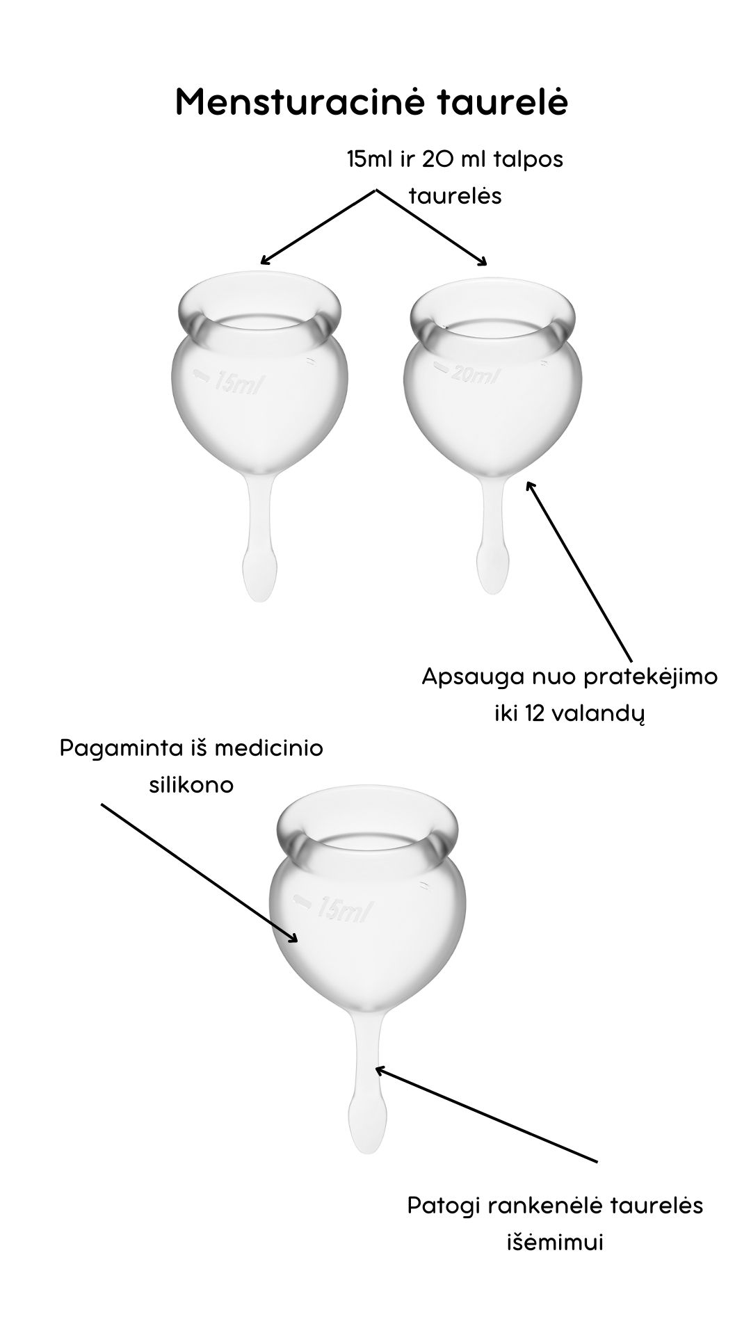 Menstruacinės taurelės Feel Good - Transparent 
Permatomos spalvos menstruacinės taurelės „Feel Good“ iš „Satisfyer“ yra puiki, ekologiška ir ekonomiška alternatyva tamponams ar higieniniams įklotams. 
Rinkinyje yra dvi skirtingo tūrio, iš medicininio ir kūnui saugaus silikono pagamintos taurelės, kurias paprasta įsidėti. 
Šios higieniškos, medicininės silikoninės ir lengvai įdedamos menstruacinės taurelės, pasižyminčios žaismingu dizainu, susideda iš dviejų dalių. 15 ml  ir 20 ml talpos, todėl tinka lengvesnėms ir sunkesnėms dienoms. 
Pailgas galiukas skirtas tam, kad taurelę būtų patogu ištraukti. 
Menstruacijų pradžioje galite rinktis 20 ml talpos taurelę, o pabaigoje – 15 ml. 
  
Kodėl rinktis menstruacinę taurelę? 
Jokio nemalonaus kvapo ir baimės, kad neturite susavimi įklotų! Su menstruacine taurele galite laisvai sportuoti, maudytis, miegoti ar bėgioti. 
Tai yra ekologiška alternatyva, kuri padeda saugoti planetą. 
Sutaupysite! Menstruacinė taurelė gali tarnauti kelis metus, todėl tai yra ekonomiška alternatyva su kuria sutaupysite iki 90% išlaidų, kurias skiriate įklotams ir tamponams. 
Jokio pratekėjimo iki 12 valandų! Menstruacinę taurelę galite įsidėti ryte, o išsiimti ir ištuštinti tik vakare.  
Kas gali naudoti menstruacinę taurelę? 
Daugiau ir mažiau kraujuojančios.  
Gimdžiusios ir negimdžiusios moterys.  
Moterys, neturėjusios lytinių santykių.  
Ar taurelė nepratekės? 
Tam, kad menstruacinė taurelė nepratekėtų, ji turi tinkamai išsiskleisti viduje. Tam, kad įsitikintumėte, jog taurelė tinkamai atsidarė, galite su pirštu perbraukti per kraštelį ir patikrinti, ar nesusiformavo raukšlės. Jei taurelė teisingai atsidarė, bus susidaręs vakuumas.  
Taurelė gali pratekėti, jei mėnesinės yra itin gausios, kad to nenutiktų – turite stebėti mėnesinių gausą ir rekomenduojama dažniau ištuštinti taurelę, kol suprasite kas kiek valandų jums reikia ją tuštinti ir atrasite tavo ritmą.  
Kaip ištuštinti taurelę? 
Taurelę rekomenduojama ištuštinti kas 12 valandų ar dažniau, jei kraujuojate gausiau. Ištuštinus taurelę ją nuplaukite po tekančiu vandeniu ir dezinfekuokite.  
Kaip įsidėti menstruacinę taurelę? 
Prieš naudojant menstruacinę taurelę, ją reikia pavirti 3-5 minutes vandenyje.  
Nusiplaukite rankas ir atsisėdusi ant unitazo praskėskite kojas. 
Spustelkite rodomuoju pirštu per vienos taurelės briaunos vidurį (taurelė bus U formos).  
Lengvai stumiant, įdėkite taurelę į makštį. 
Kaip išimti menstruacinę taurelę? 
Taurelę išsitraukti galite timptelėjusios už jos uodegėlės, o kraują išpilkite į unitazą. Taurelę praplaukite ir galite ją naudoti vėl. Pasibaigus mėnesinėms, taurelę pavirkite vandenyje.  
Šlapinantis ar tuštinantis taurelės išsiimti nereikia.